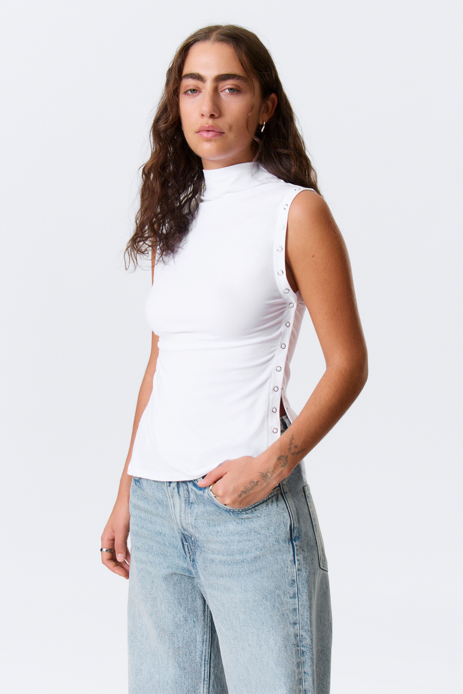 Fitted Snap-Button Mock-Neck Top - White/Black - 1