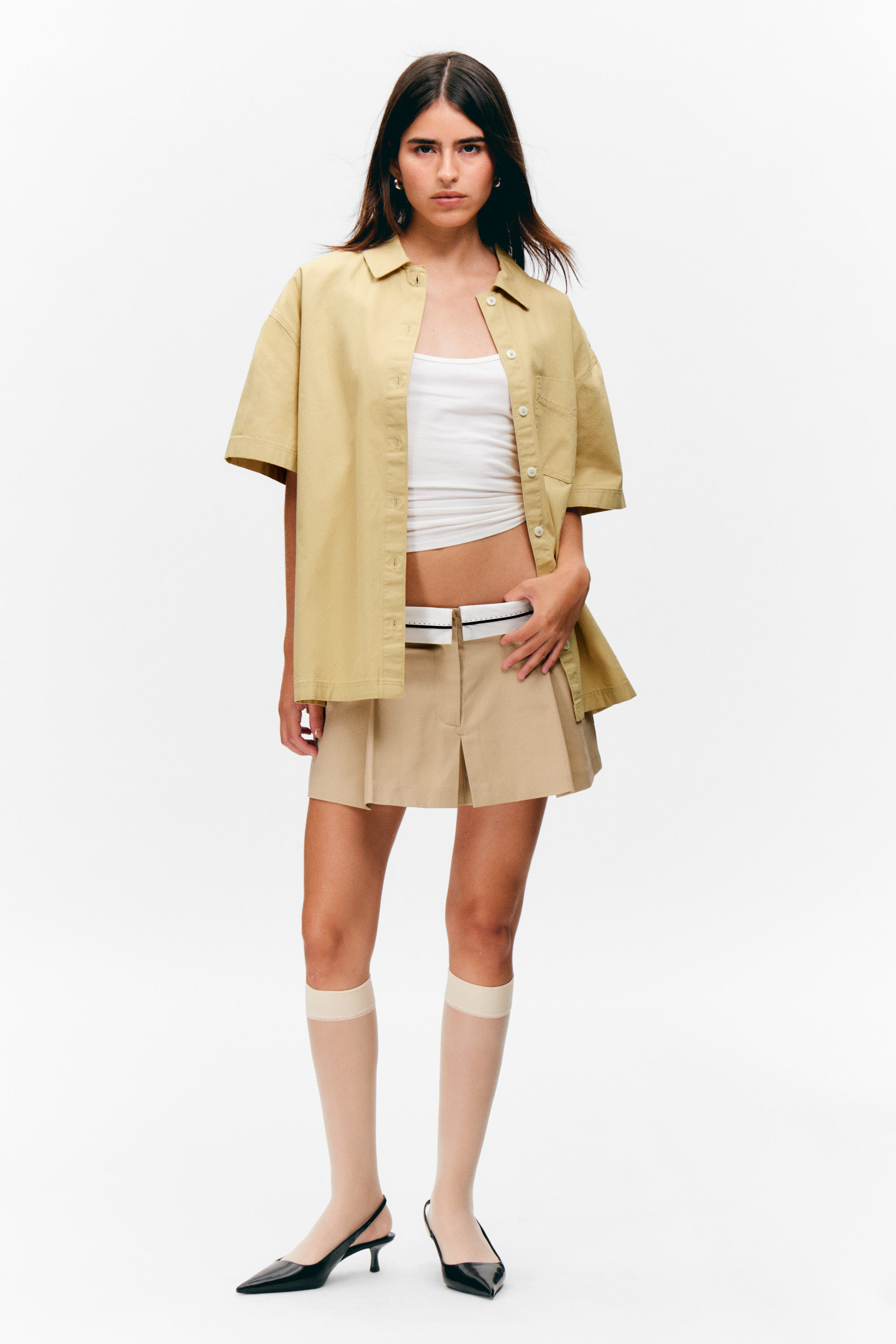 Beige - Oversized kortärmad skjorta i bomullscanvas - 1