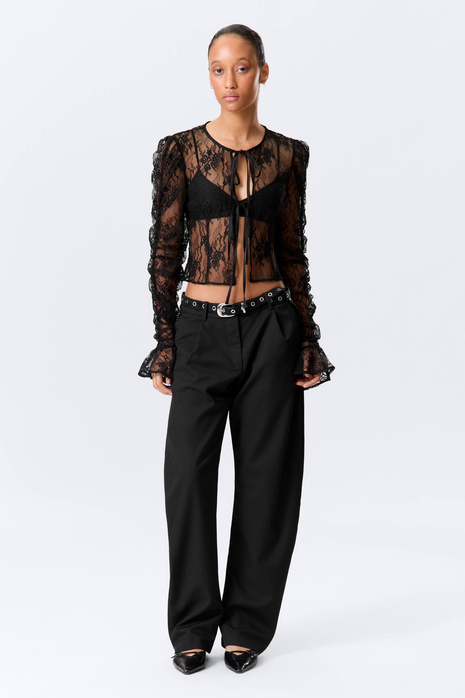 Pantalon de costume à jambes fuselées et coupe ample - Noir/Gris foncé chiné rayé - 3