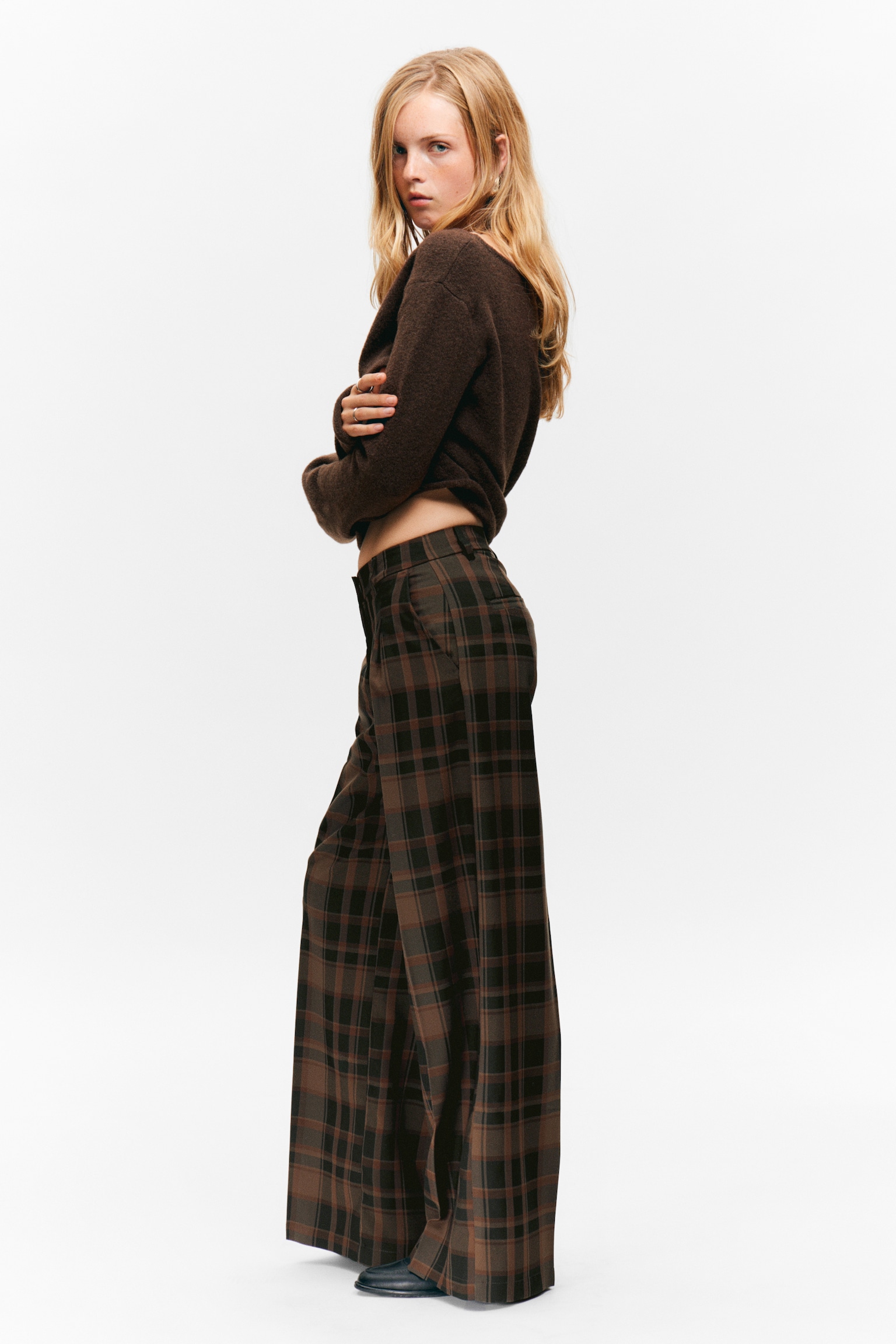 High Waisted Wide Leg Suiting Trousers - Checked Brown/Pinstriped Dark Grey - 5