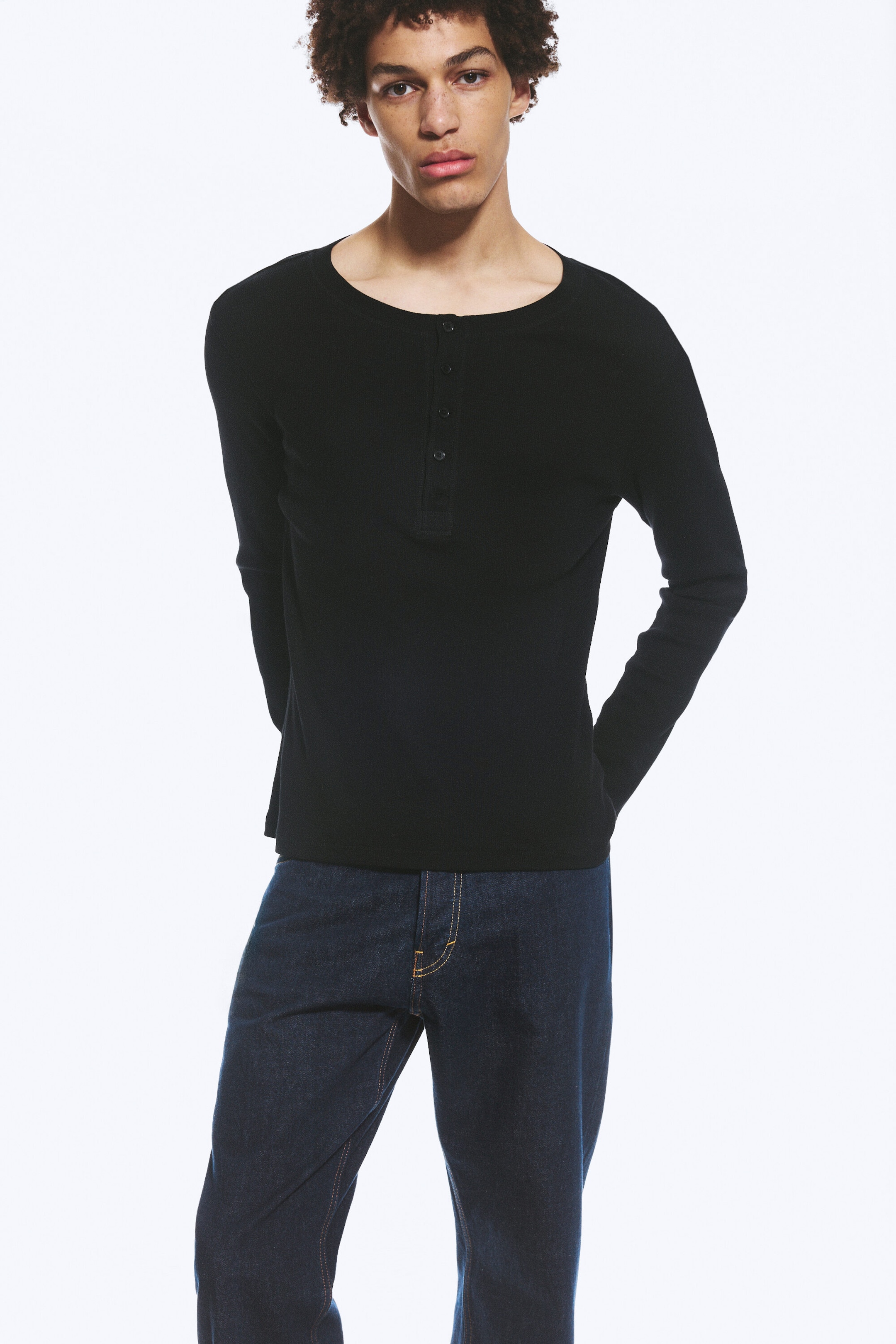 Black - Long-Sleeved Henley T-shirt - 2
