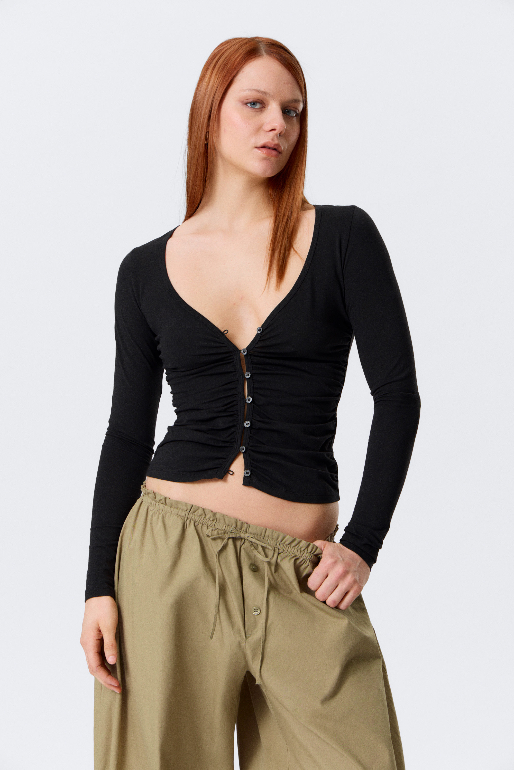 belle b ruched v-neck cardigan - Black | Monki WW