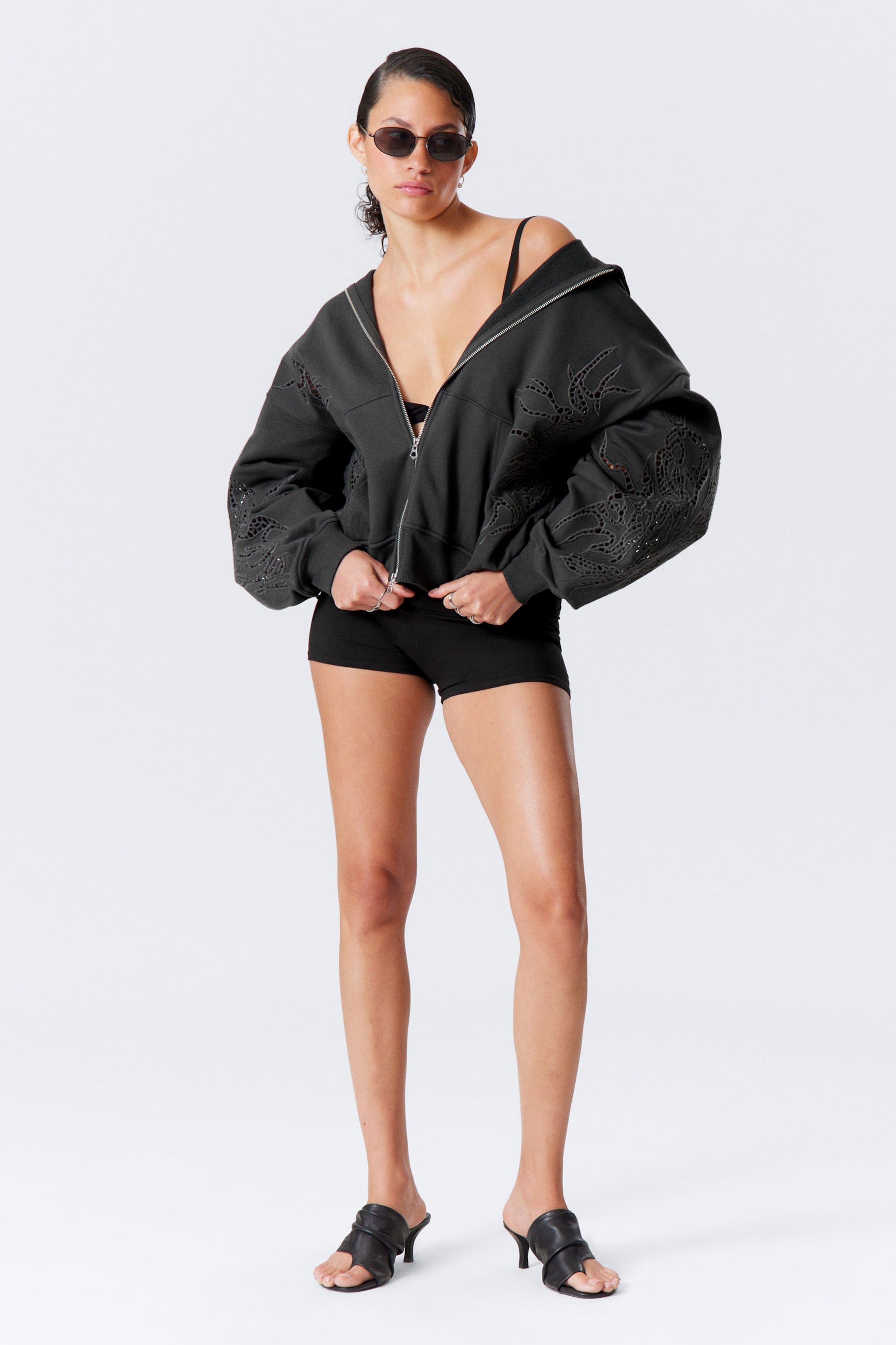 Dark Grey - Oversized Broderie Anglaise Zip Hoodie - 2
