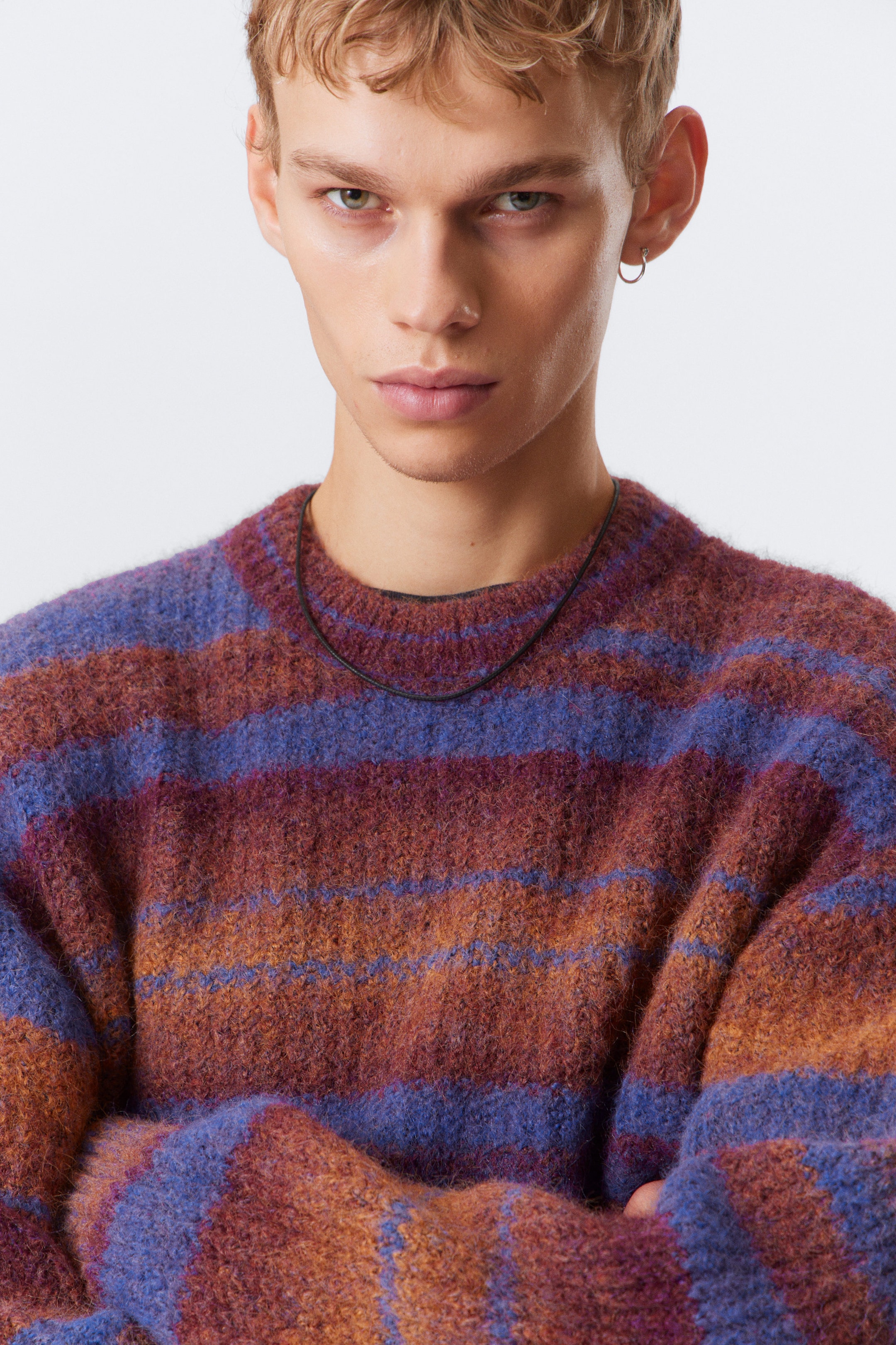 Orange Multi Stripe - Knitted Space Dye Crewneck Sweater - 2