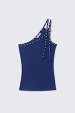 Bright Blue - Eyelet Detail Asymmetric Tank Top - 3