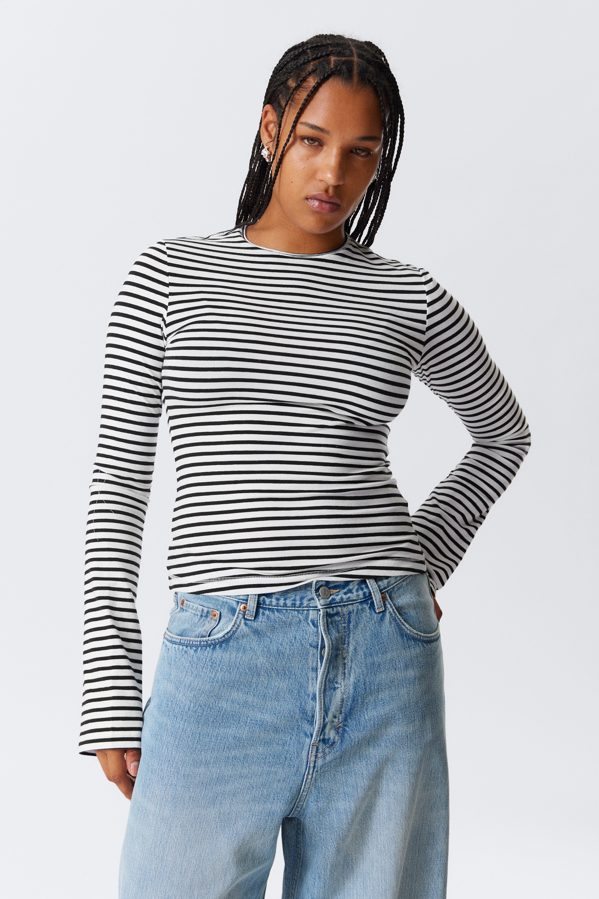 Top in cotone a maniche lunghe - Bianco – Righe nere/Marrone scuro/A righe verde scuro/Verde scuro/Marrone scuro a righe/Mole a righe/Verde kaki scuro a righe/Ruggine/Bianco/Righe nere e grigie