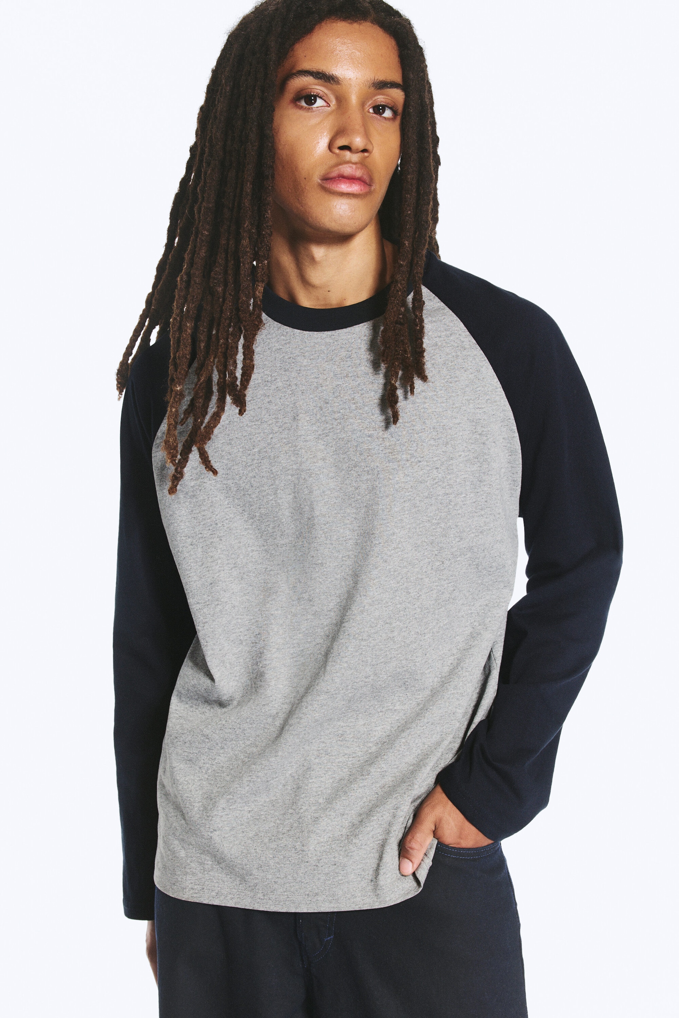 Light Grey Melange & Navy Blue - Loose Boxy Raglan-Sleeved T-shirt - 3