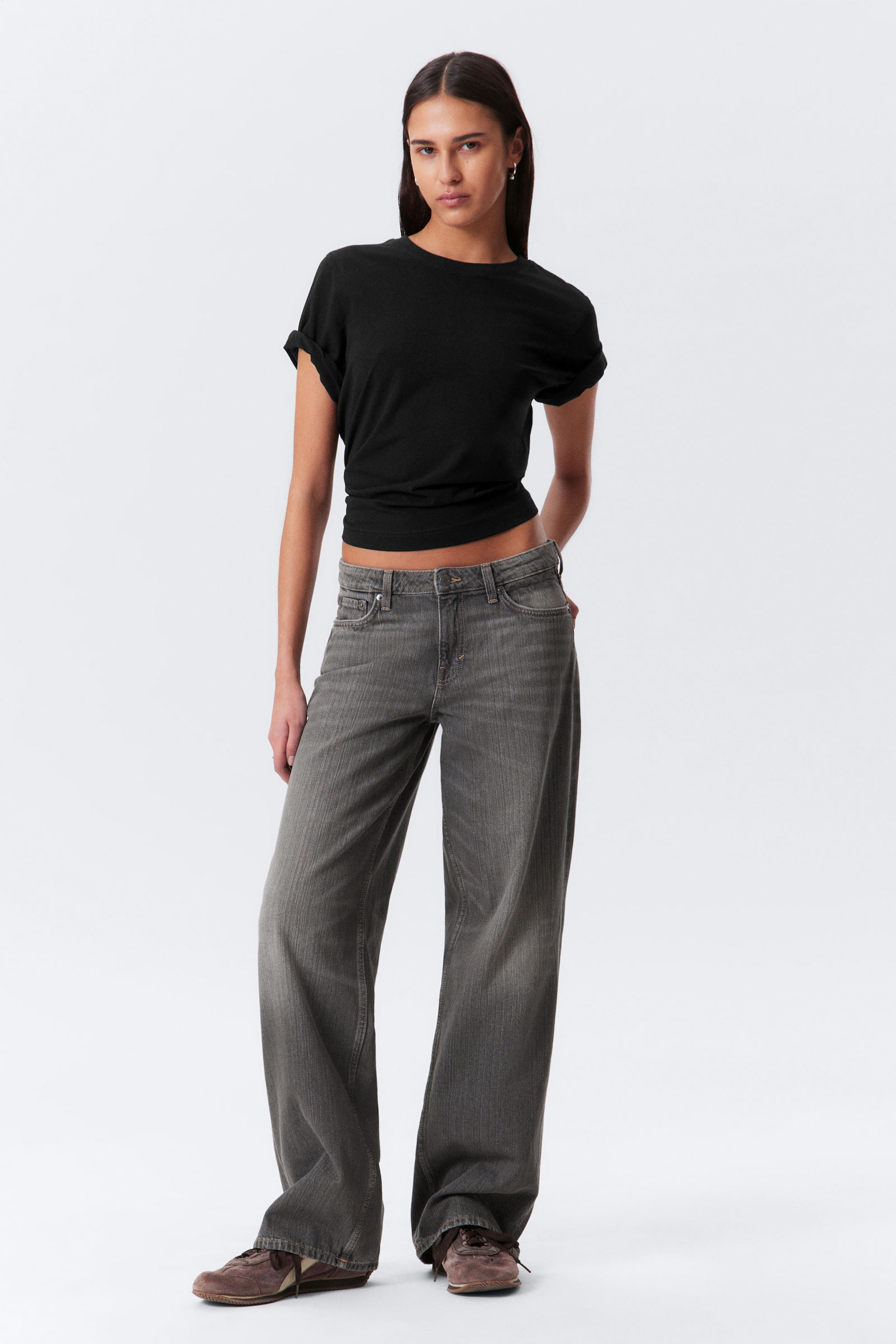 #5B5C5F - Ample Low Rise Loose Wide Leg Jeans - 1