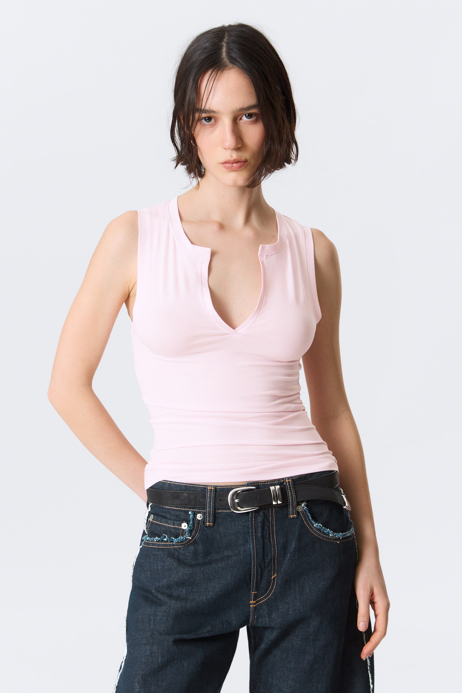 Haut ajusté sans manches col V - Rose clair/Noir - 1