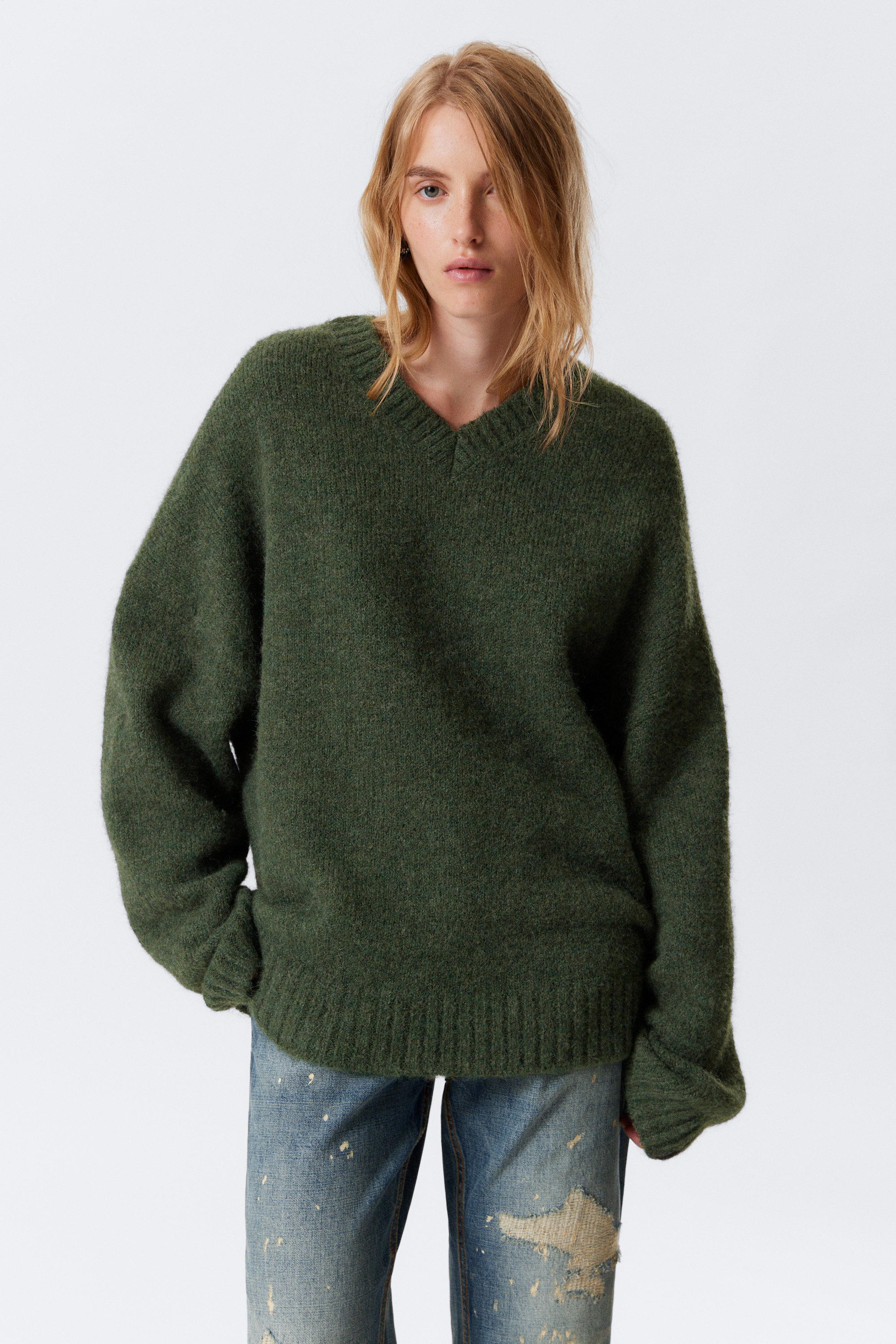 Dark Green - Oversized V-Neck Wool Blend Sweater - 2