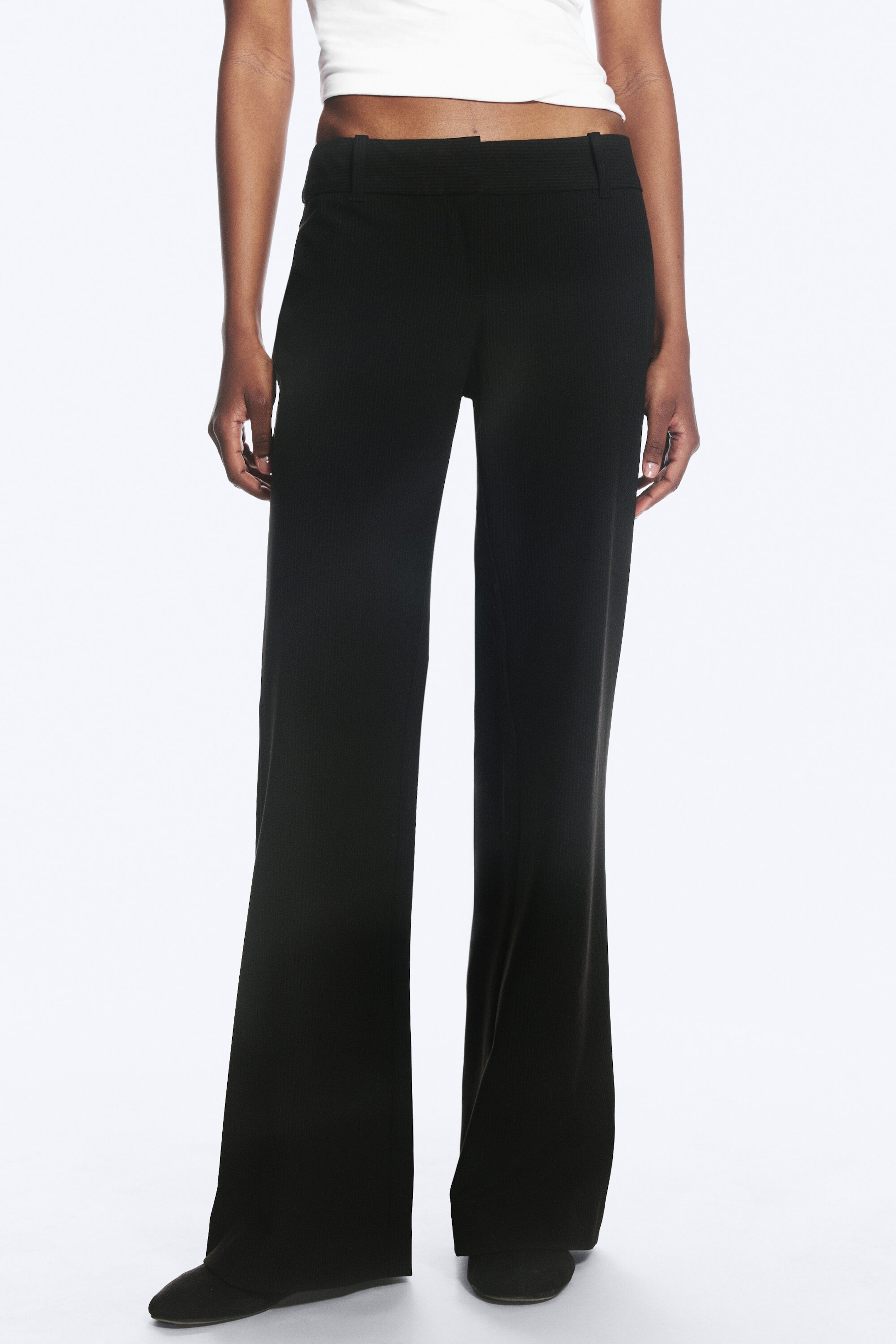 Pinstriped Black - Low-Rise Flared Suiting Trousers - 2