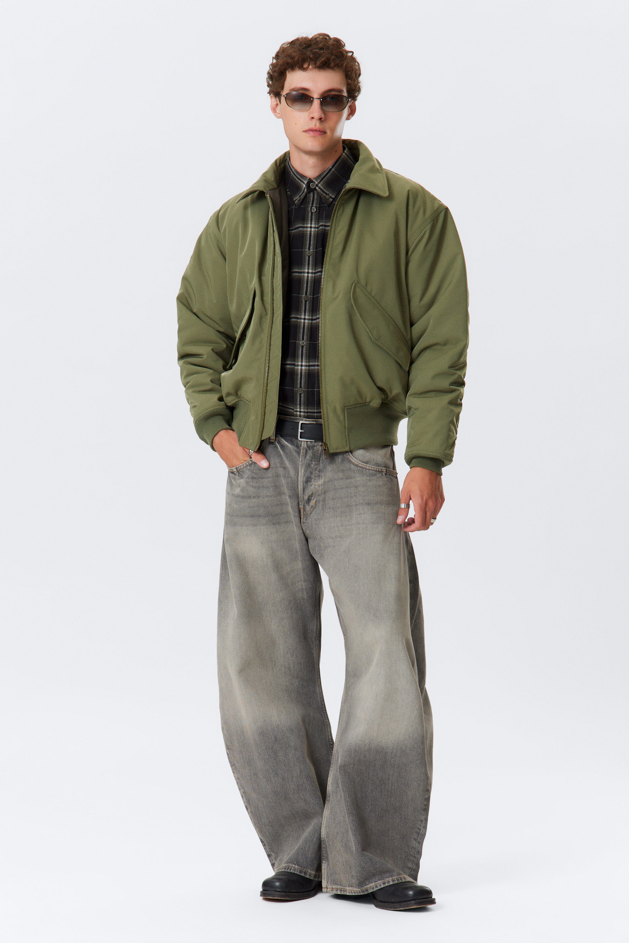 Dusty Olive Green - Padded Twill Bomber Jacket - 1