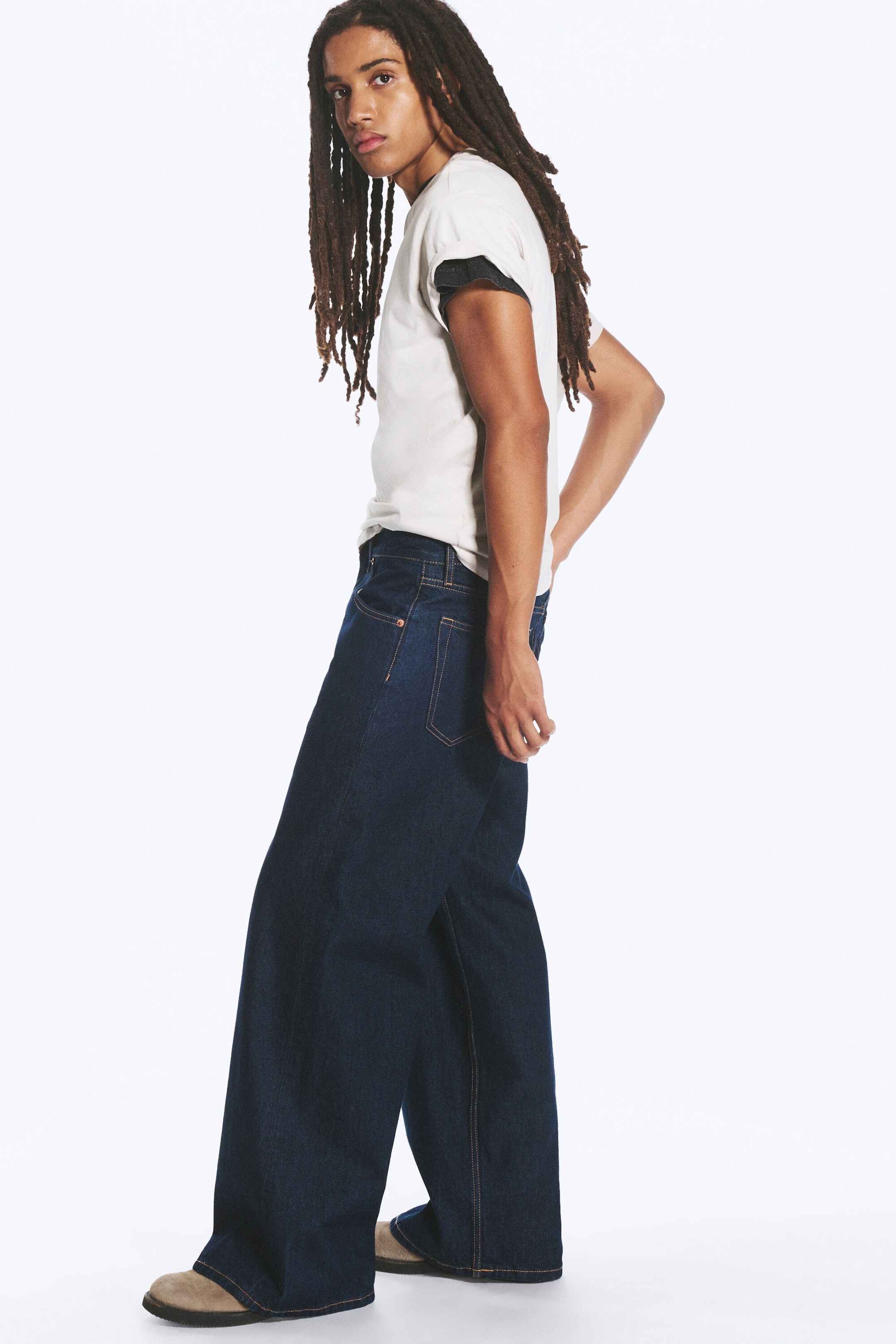 Blue Rinse - Dark Blue - Solar Regular Waist Loose Wide Unisex Jeans - 2