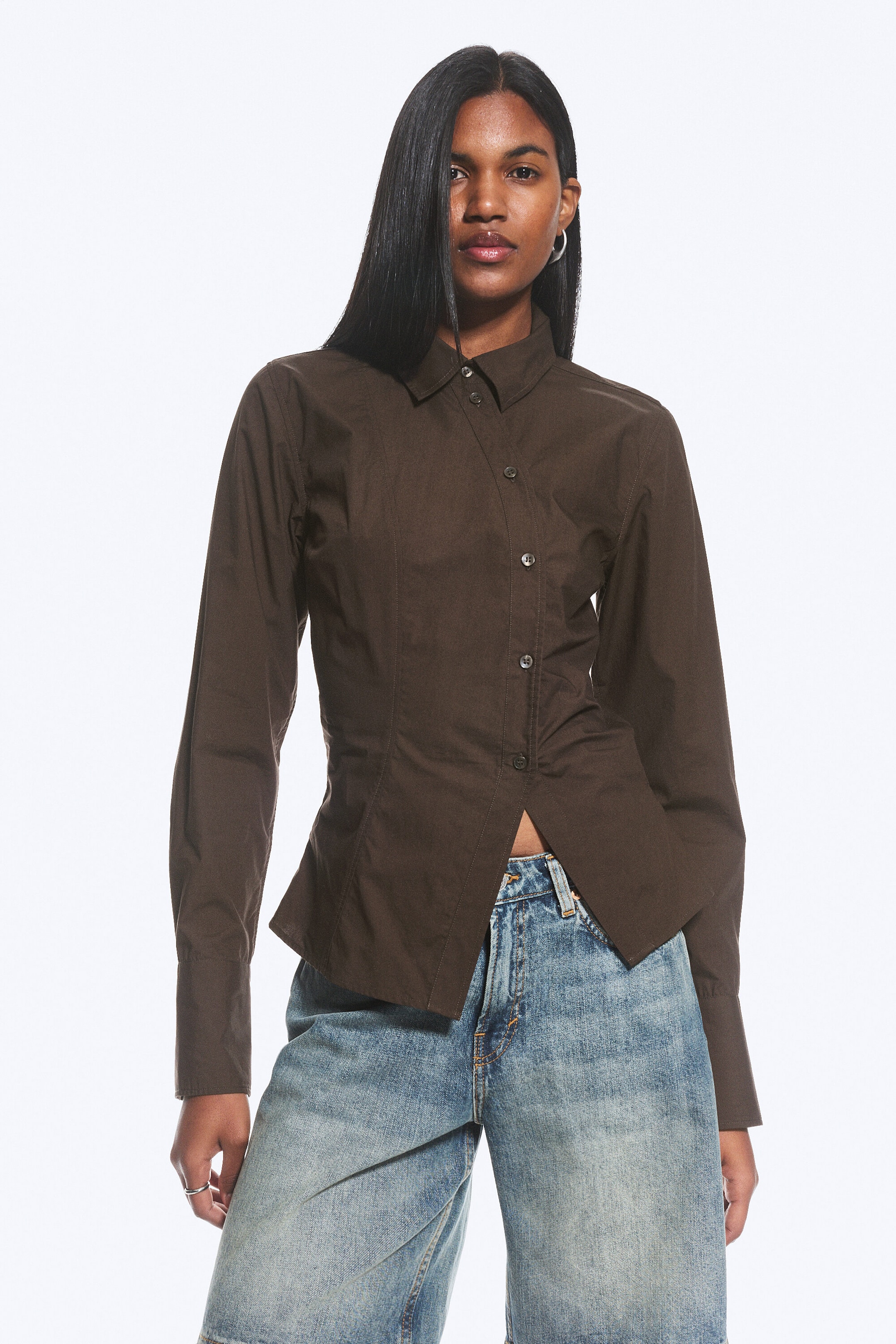 Dark Brown - Asymmetric Fitted Poplin Shirt - 1