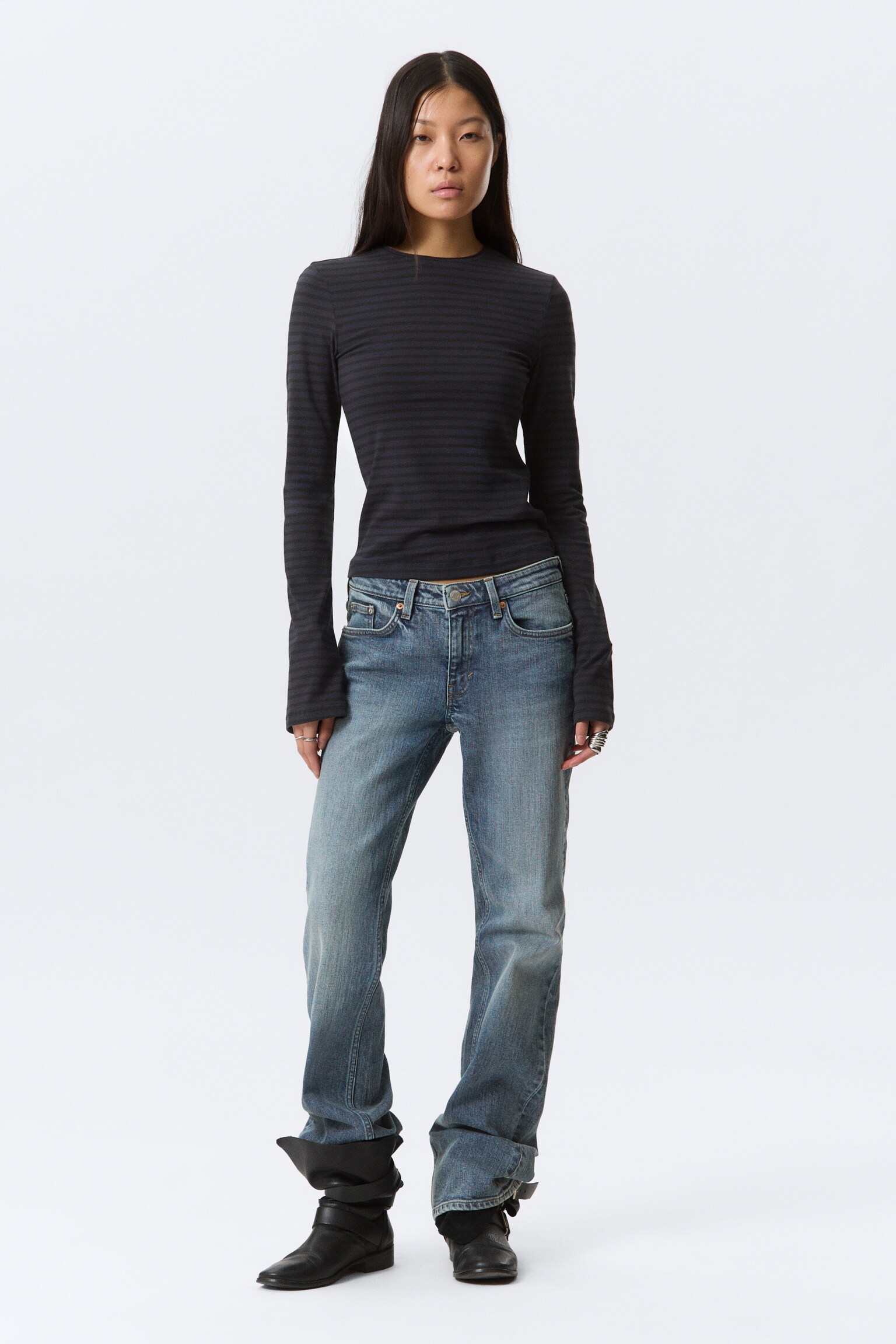 Long Sleeve Cotton Top - Striped Dark Blue/Dark Brown/Black/Striped Dark Green - 5