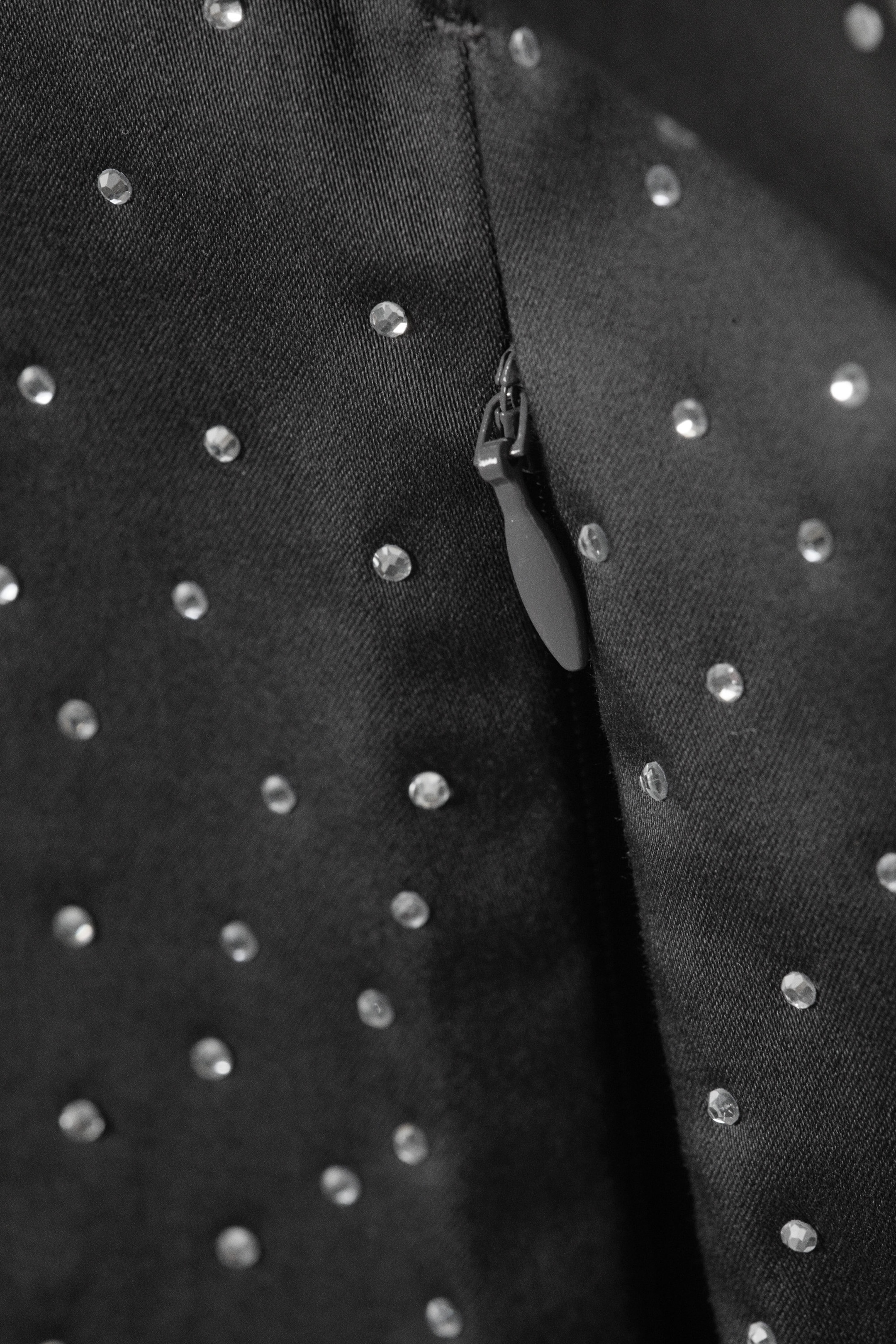 Dark Grey - Rhinestones - Low Rise Zip-Hem Satin Rhinestone Trousers - 4