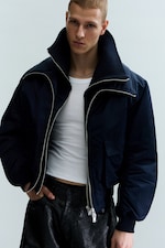 Navy Blue - Shrunken Nylon Bomber Jacket - 0