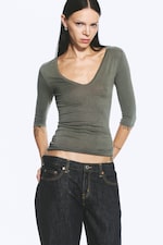 Dusty Khaki Green - Deep V-neck three-quarter sleeve top - 2