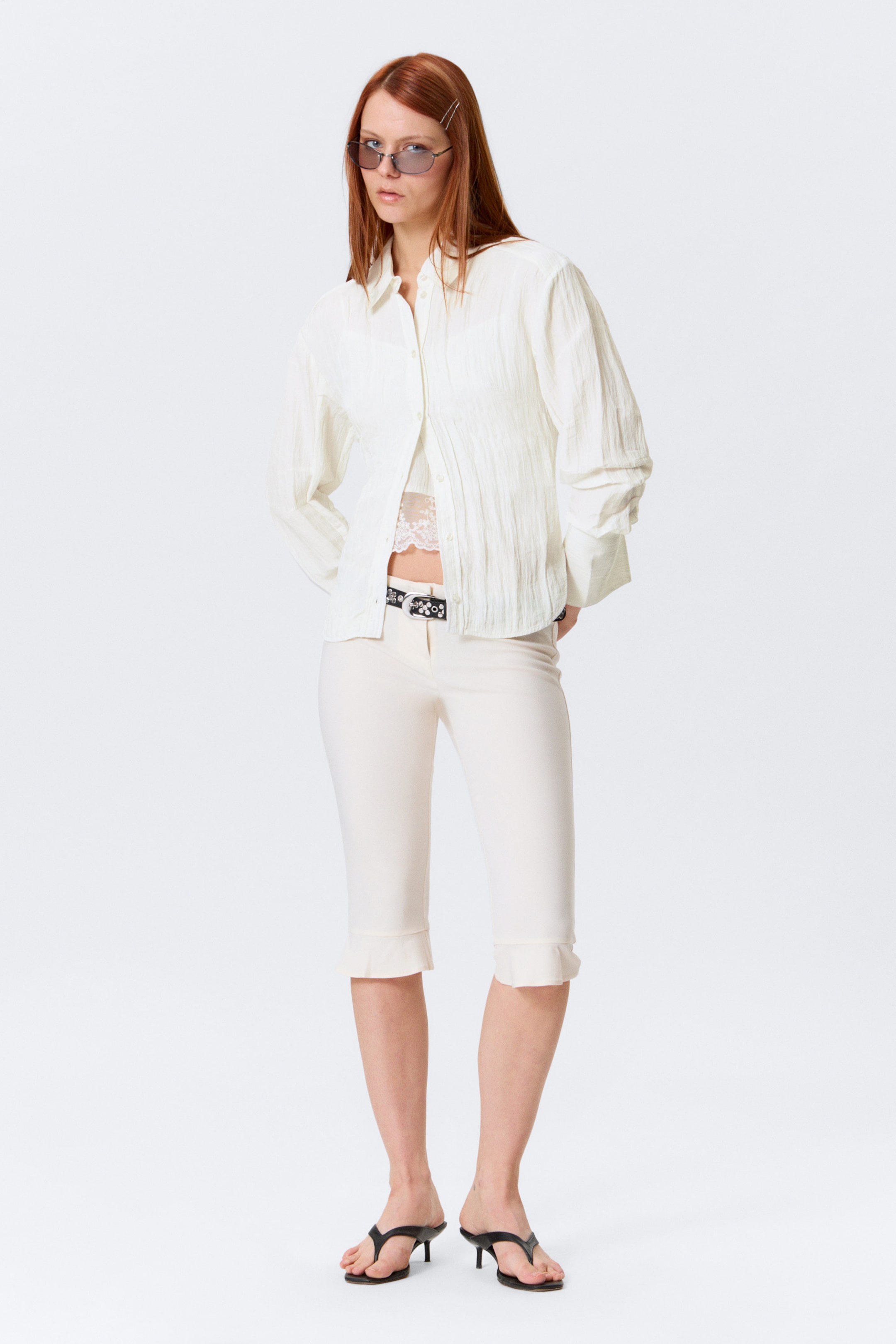 White - Fitted Ruched Waist Shirt - 2