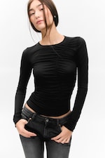 Schwarz - Gerafftes Longsleeve-Top - 0