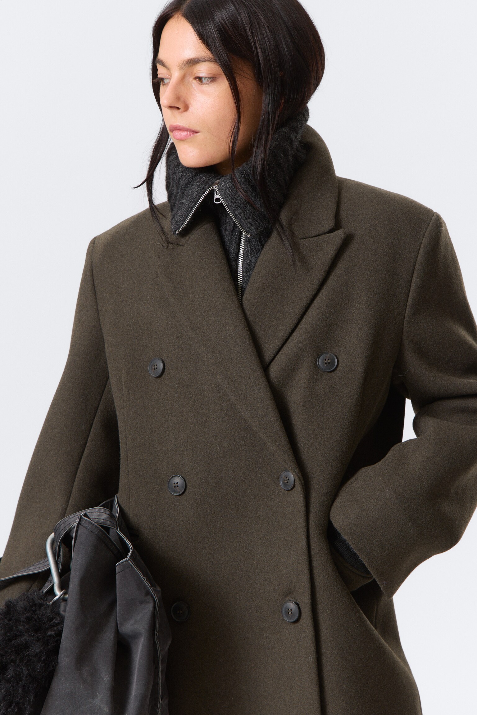 Oversized Knee-Length Wool-Blend Coat - Dark Khaki Green/Black - 6