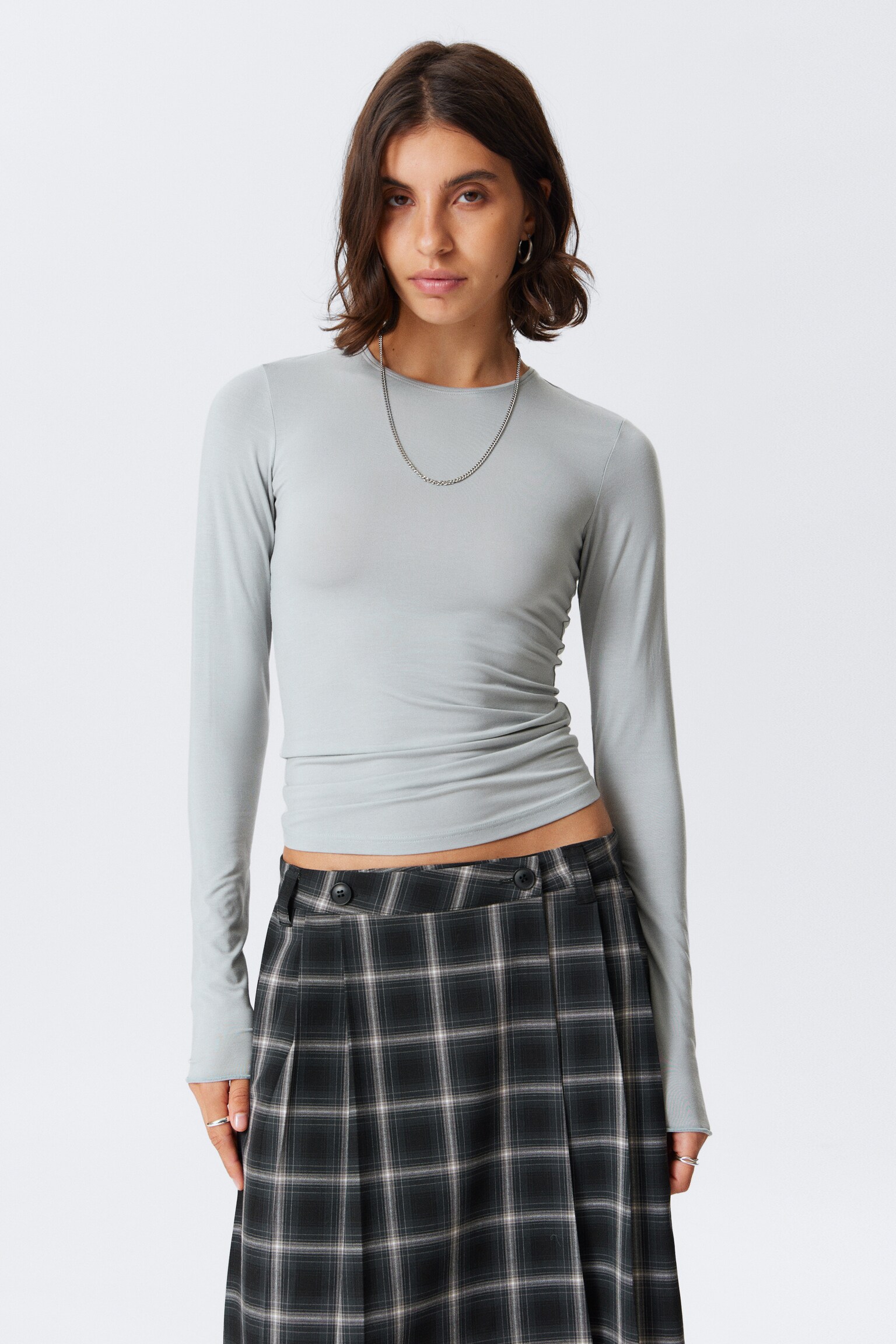 Top in lyocell a maniche lunghe - Grigio azzurrato/Nero/Verde petrolio