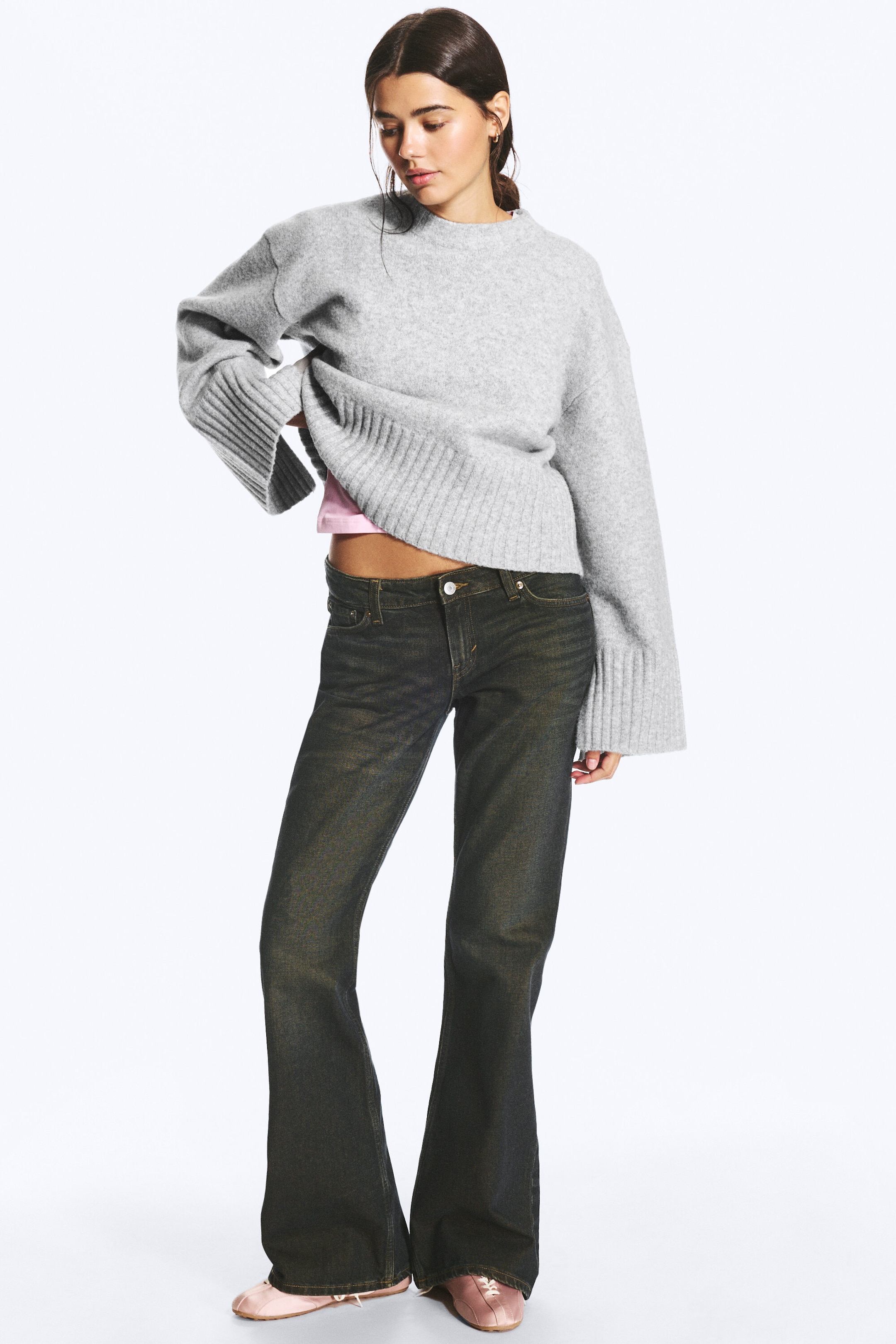 Grau meliert - Gestrickter Oversize-Pullover - 1