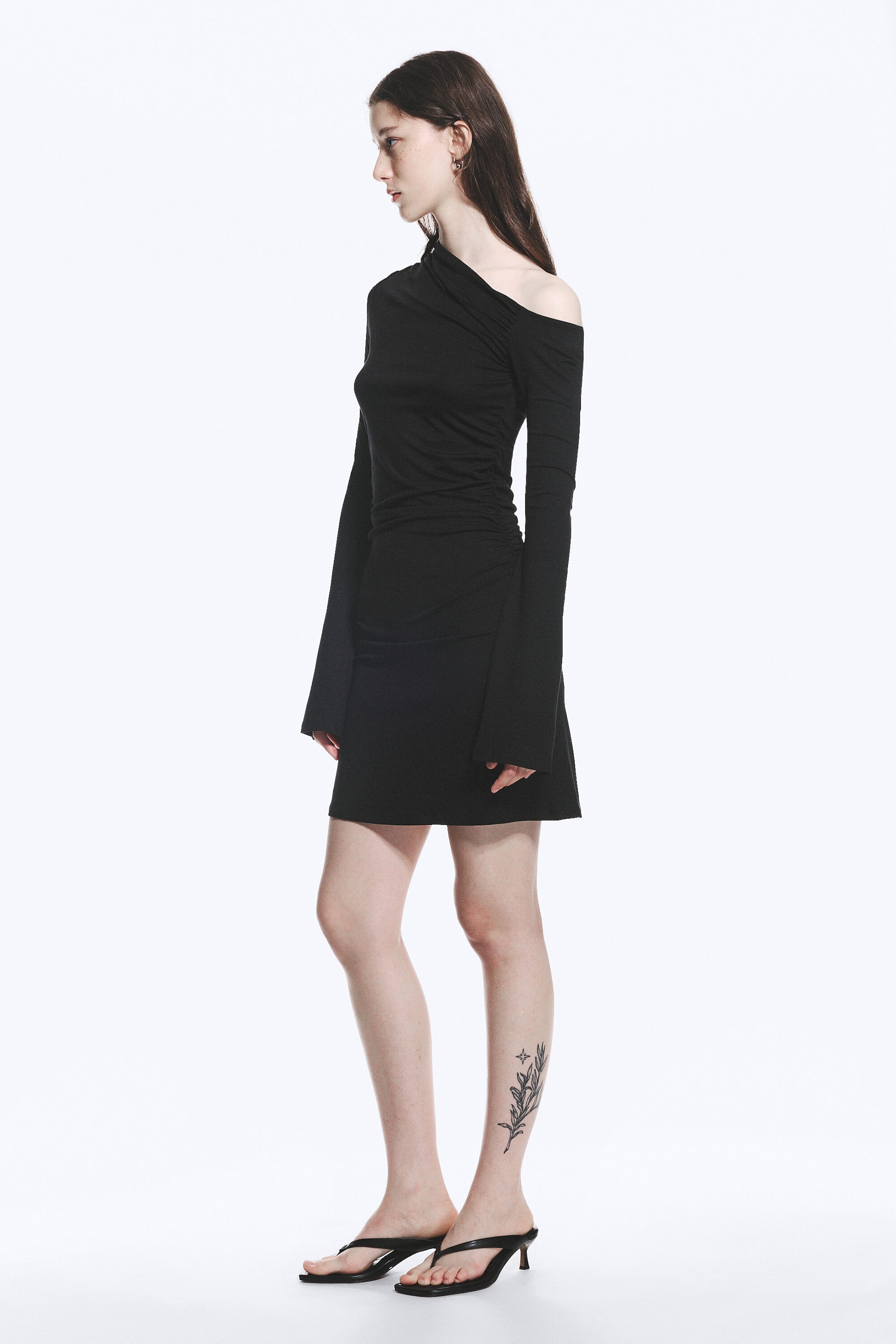 Black - Gathered Mini Long Sleeve Dress - 2