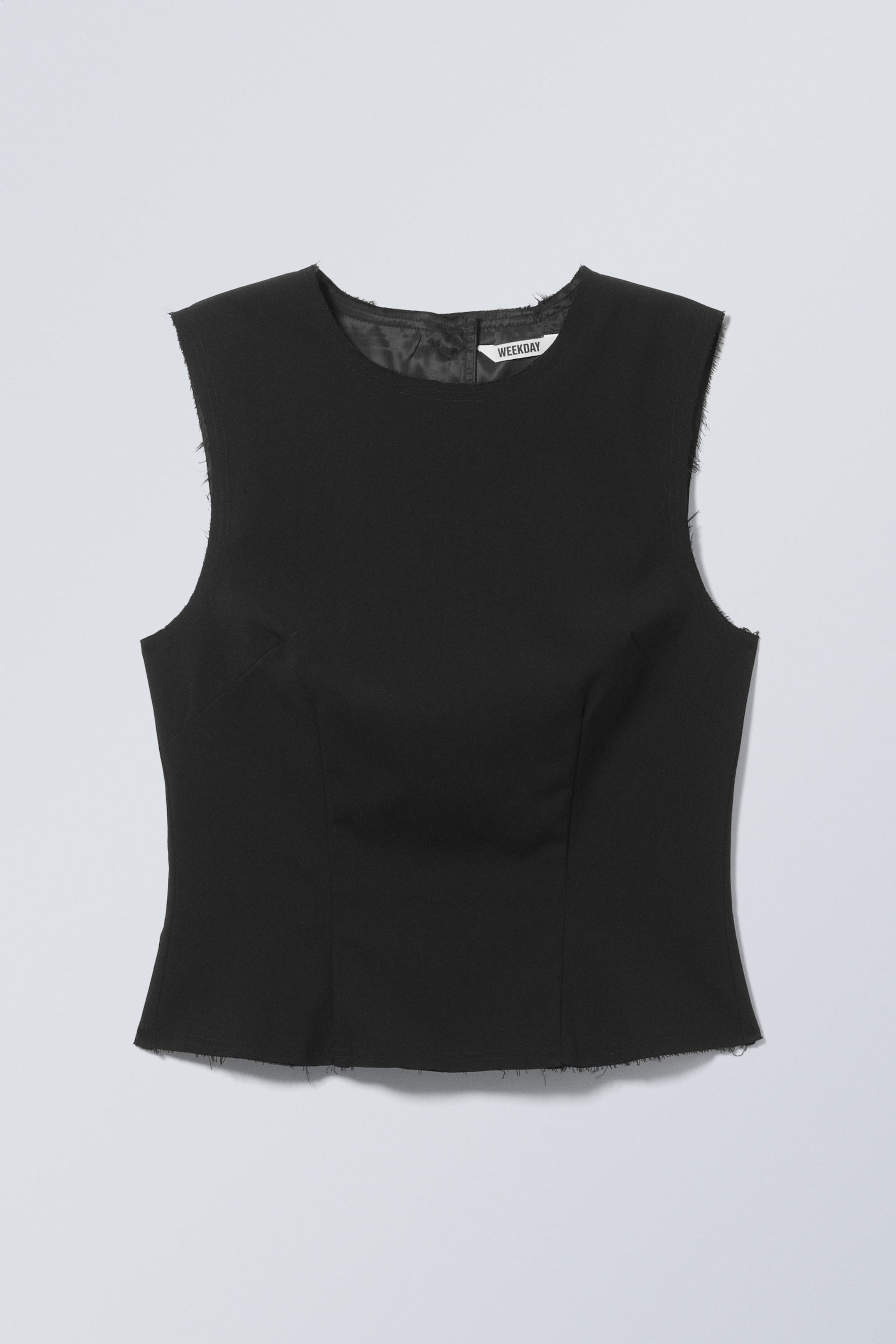 Black - Sleeveless Frayed Suiting Top - 1