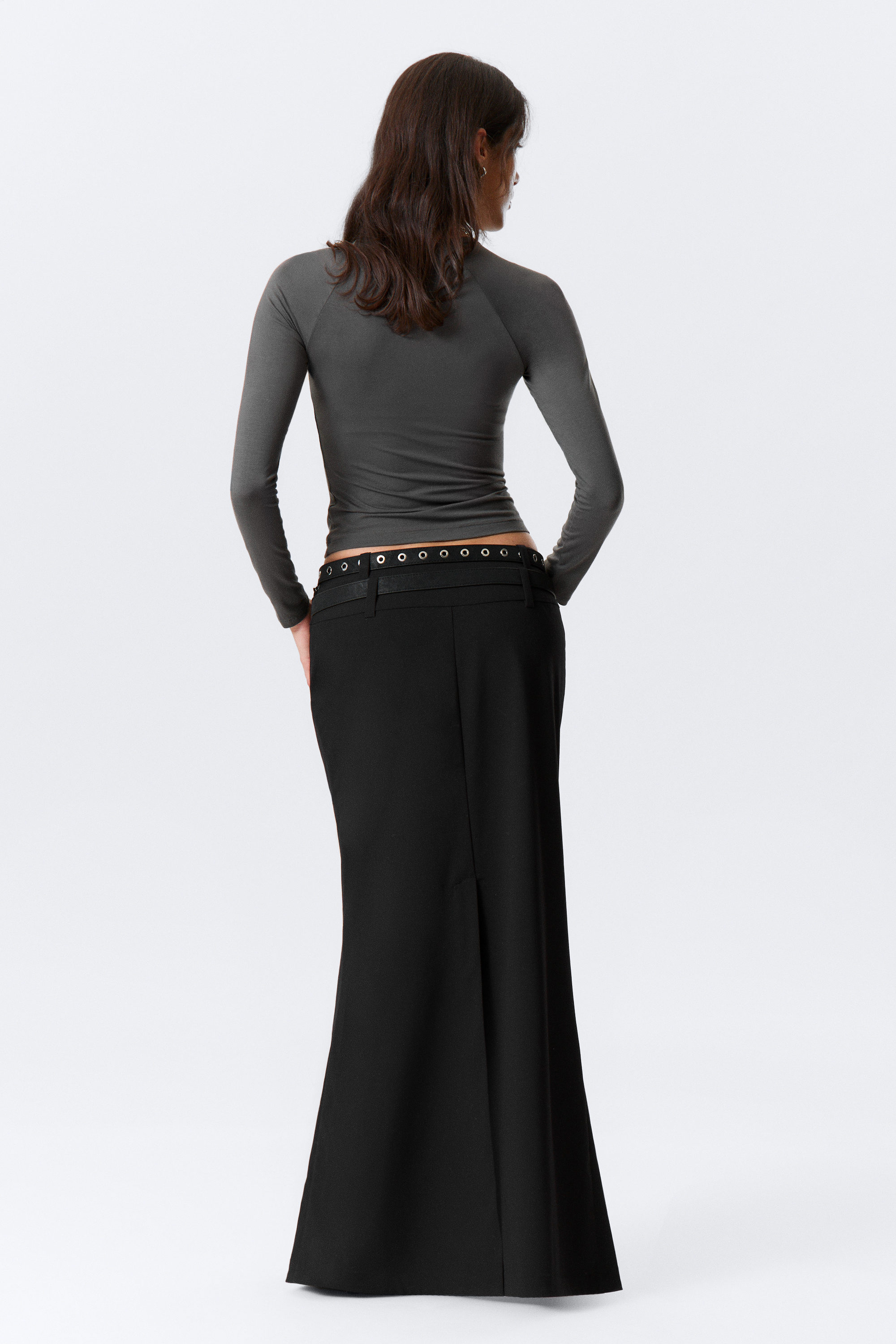 Noir - Jupe longue évasée en tissu de costume taille basse - 5