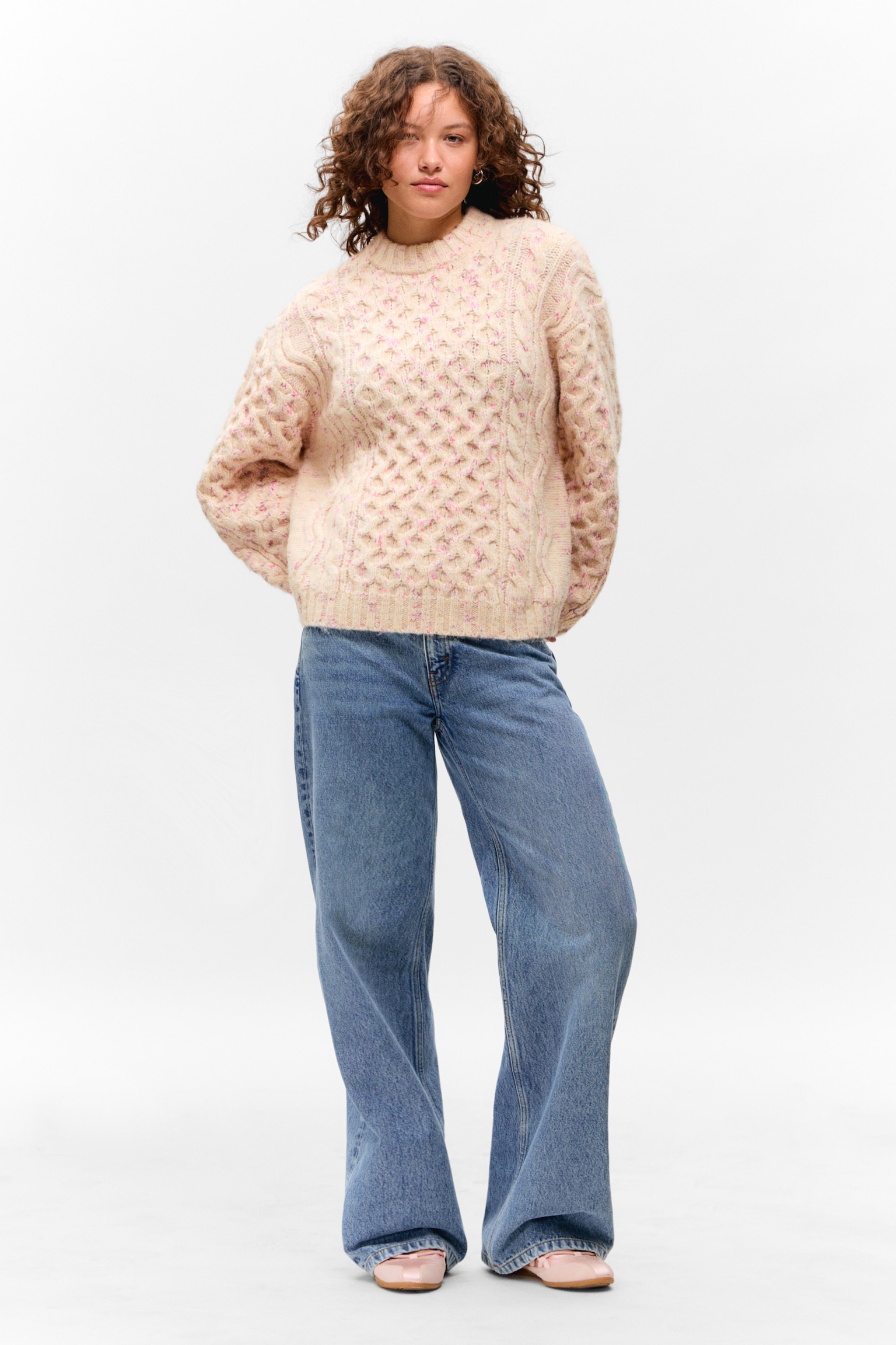 Long Cable Knit Textured Sweater - Beige - Pink Neps/Dark Purple - Pink Neps - 3