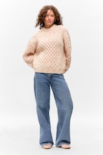 Beige - Pink Neps - Long Cable Knit Textured Sweater - 1
