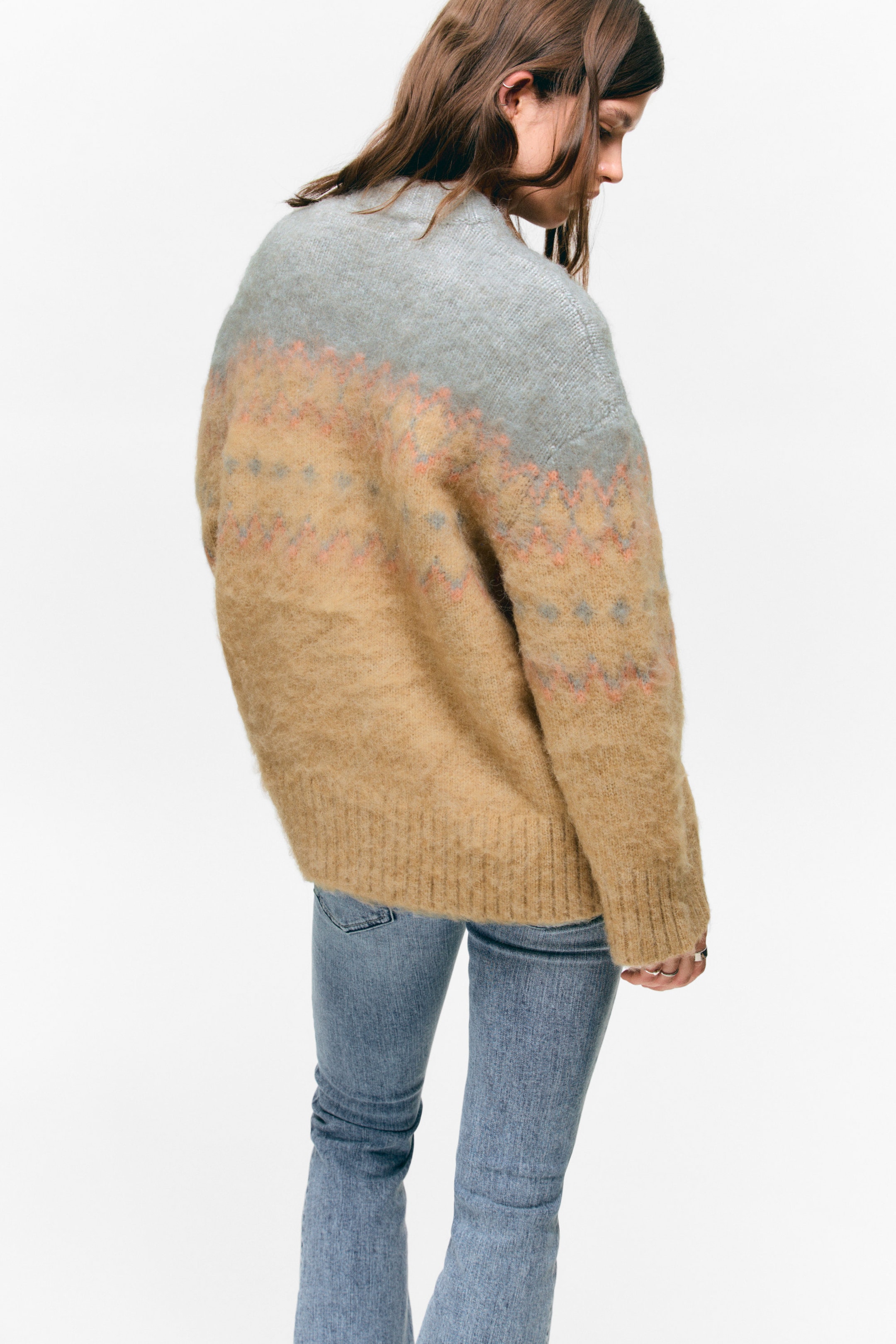 Beige/Grey Fairisle - Relaxed Fit Fluffy Knit Sweater - 2