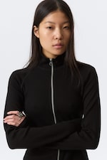 Black - Fitted Long-Sleeved Mock-Neck Zip Top - 1