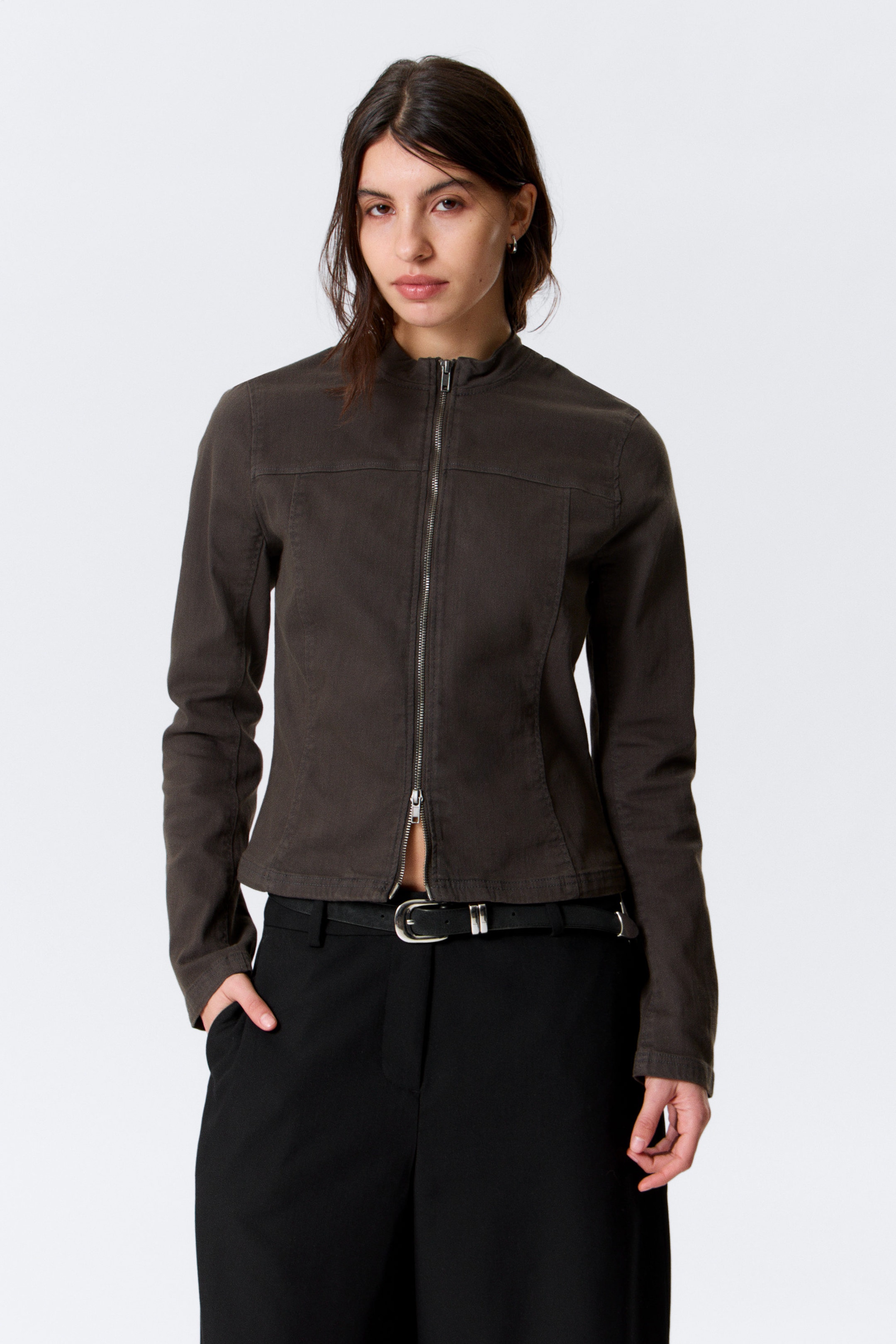 Dark Grey - GENEVIEVE SLIM STRUCTURED COTTON ZIP JACKET - 1