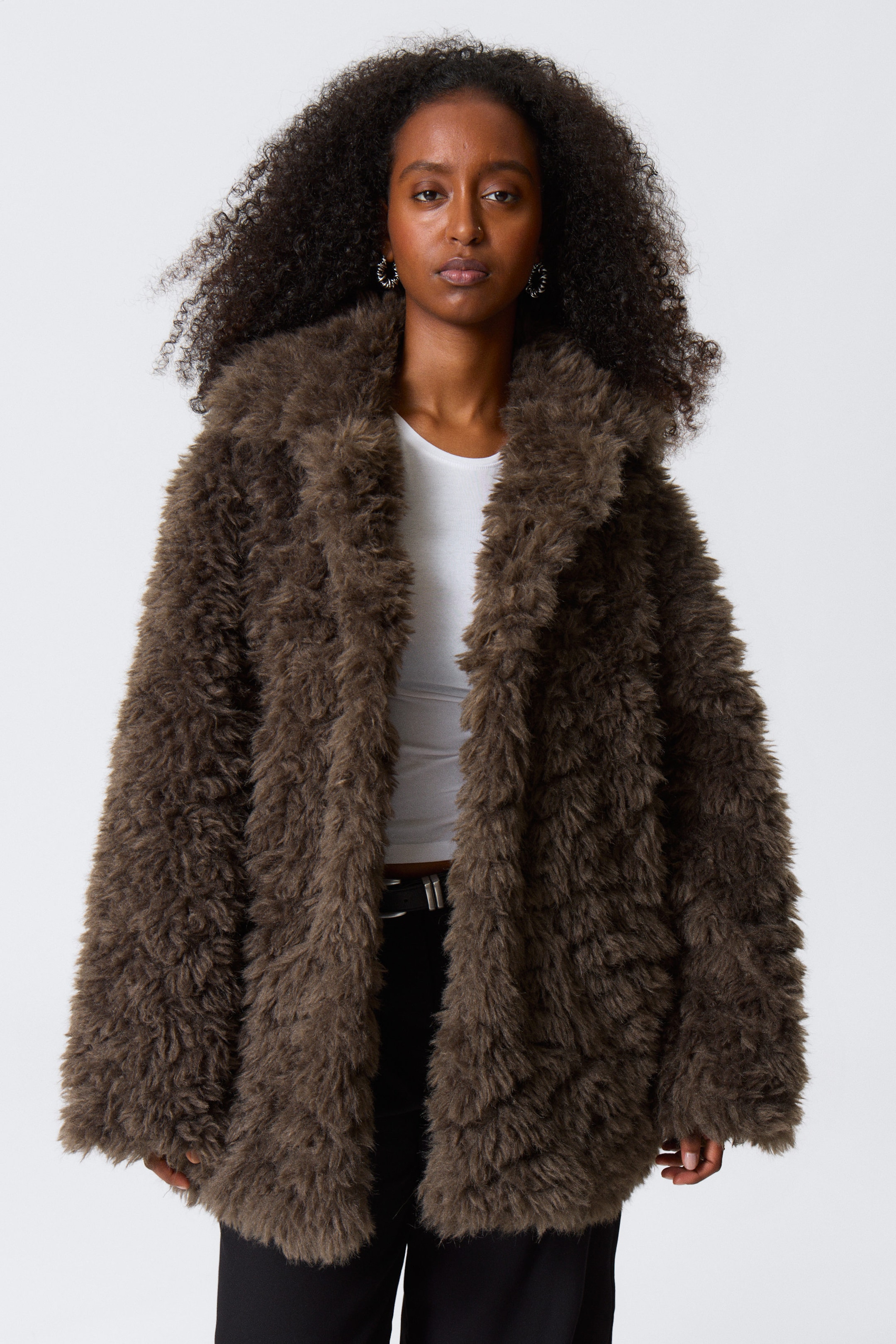 Dark Mole Melange - Loose Fit Faux Fur Jacket - 2