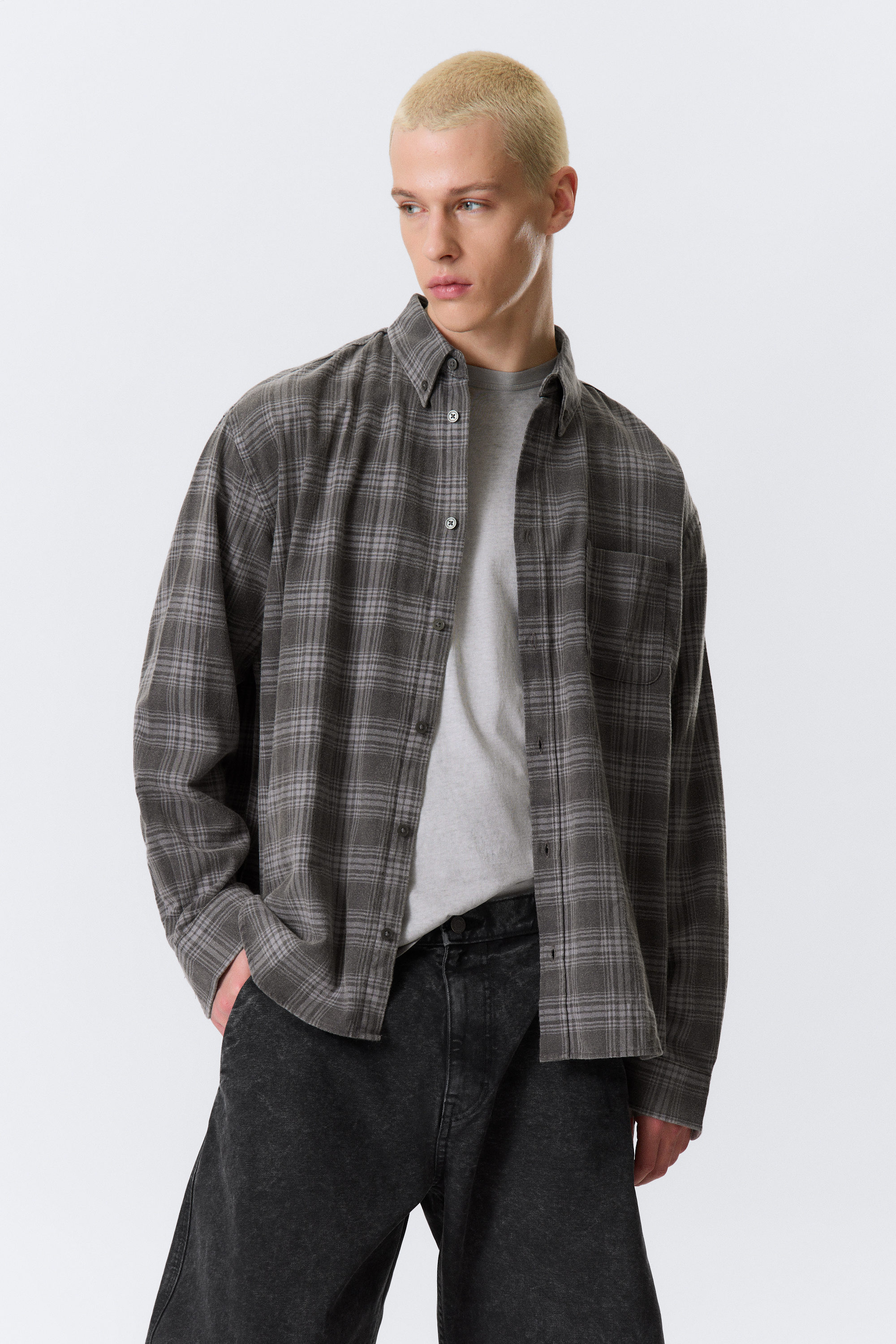 Checked Washed Grey - Washed Checked Button-Down Flannel Shirt - 1
