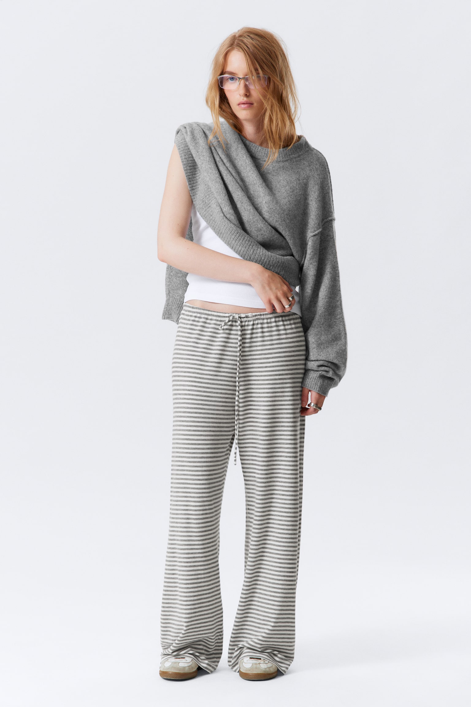 Wide-Leg Pull-On Lyocell Trousers - Sivé a biele pruhy/sivá melírovaná/Black & Grey Stripes/Čierna