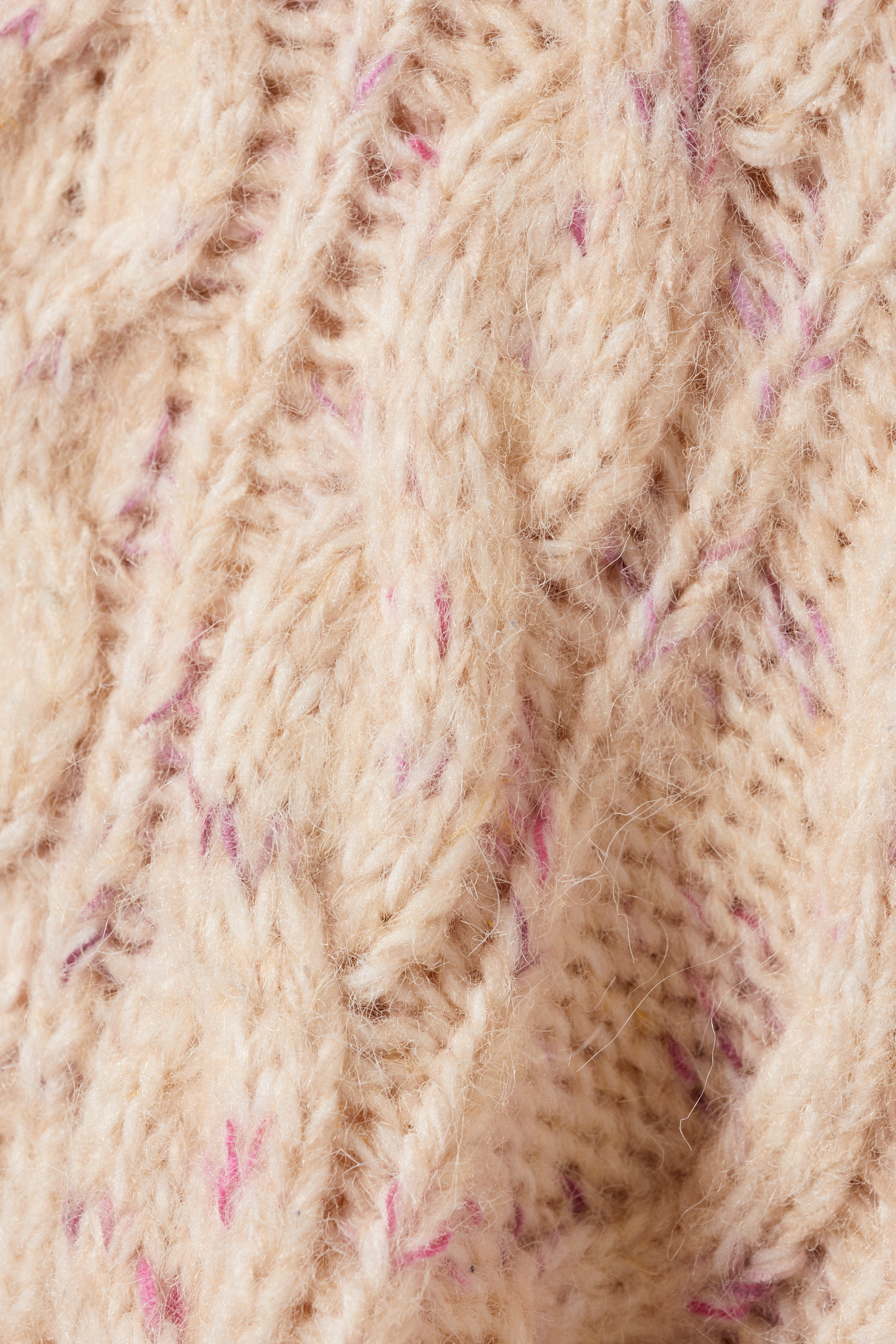 Beige - Pink Neps - Long Cable Knit Textured Sweater - 4