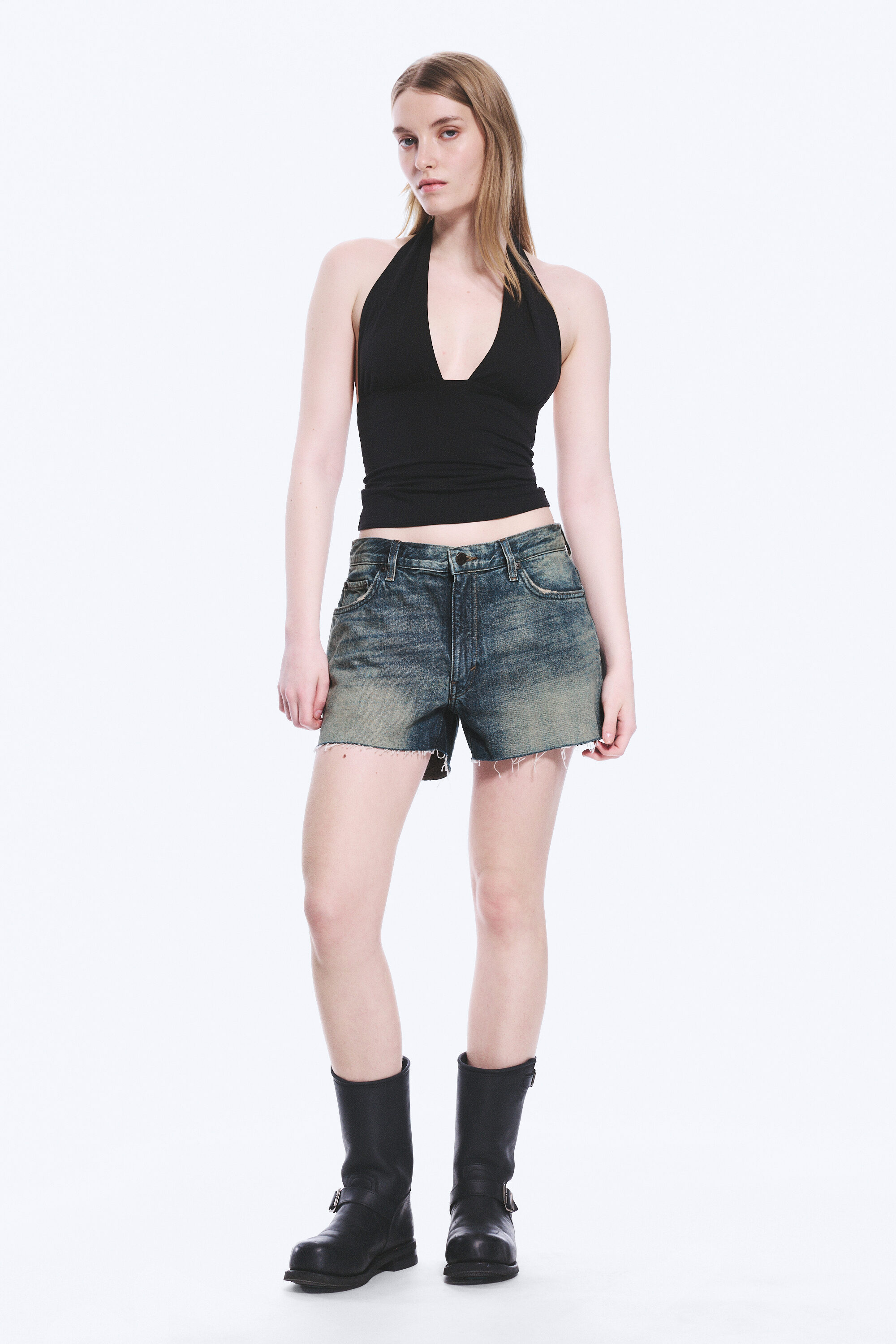 low rise raw hem mini denim shorts - Mountain Blue - Dark Blue