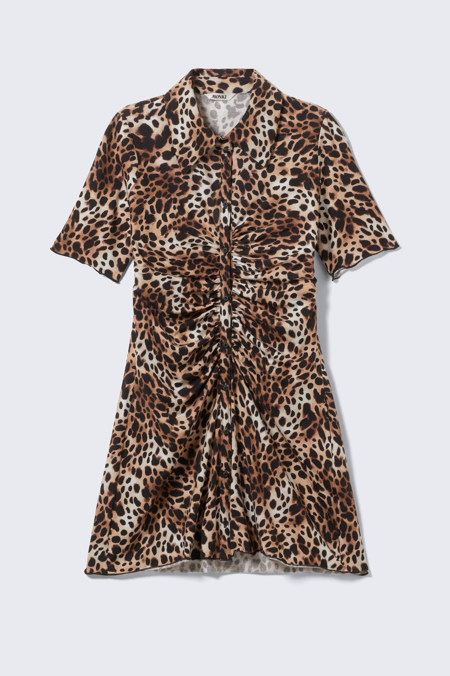Short-Sleeved Mini Shirt Dress - Leopard-print - 1