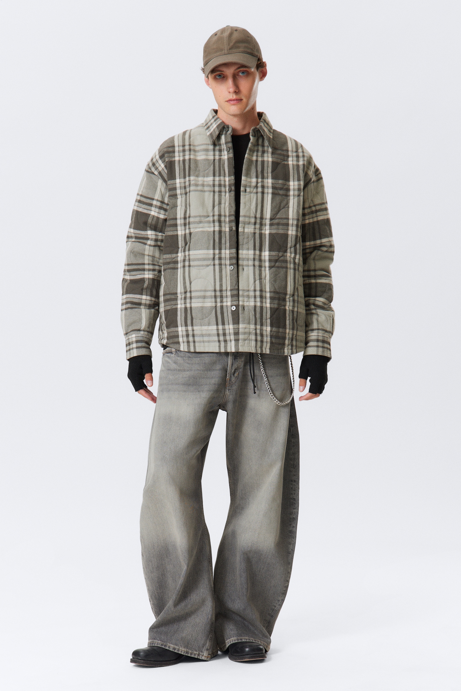 PADDED FLANNEL OVERSHIRT JACKET - Grey Checked