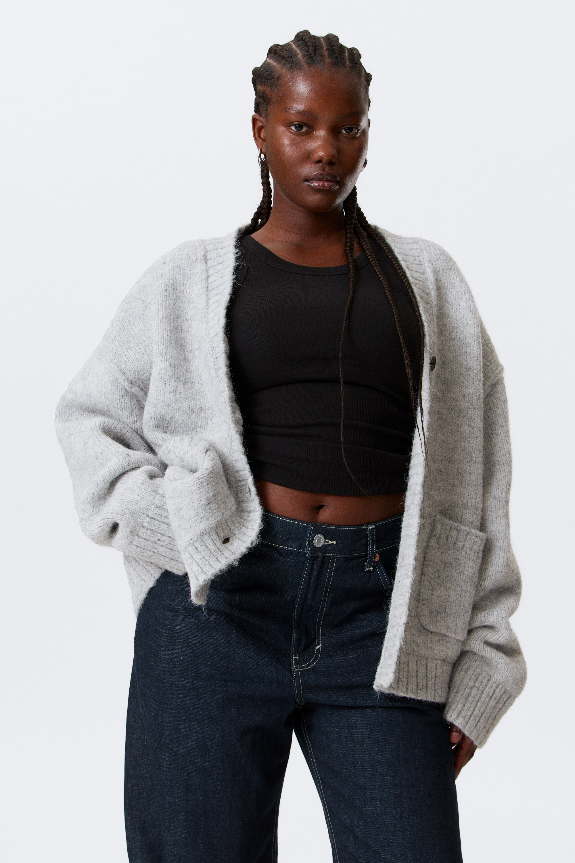 Grey Melange - Loose Fit Knitted V-neck Cardigan - 1