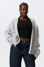 Grey Melange - Loose Fit Knitted V-neck Cardigan - 0