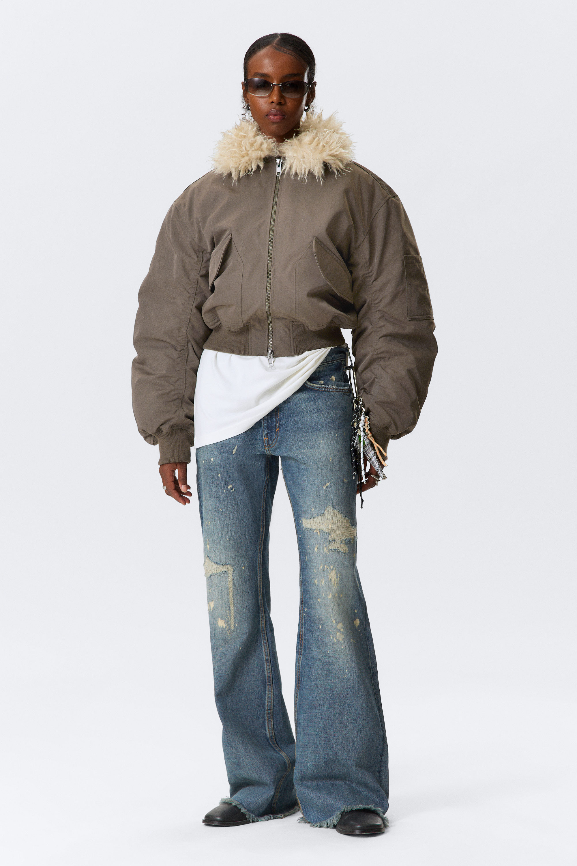 Dark Mole - Faux Fur Collar Bomber Jacket - 1