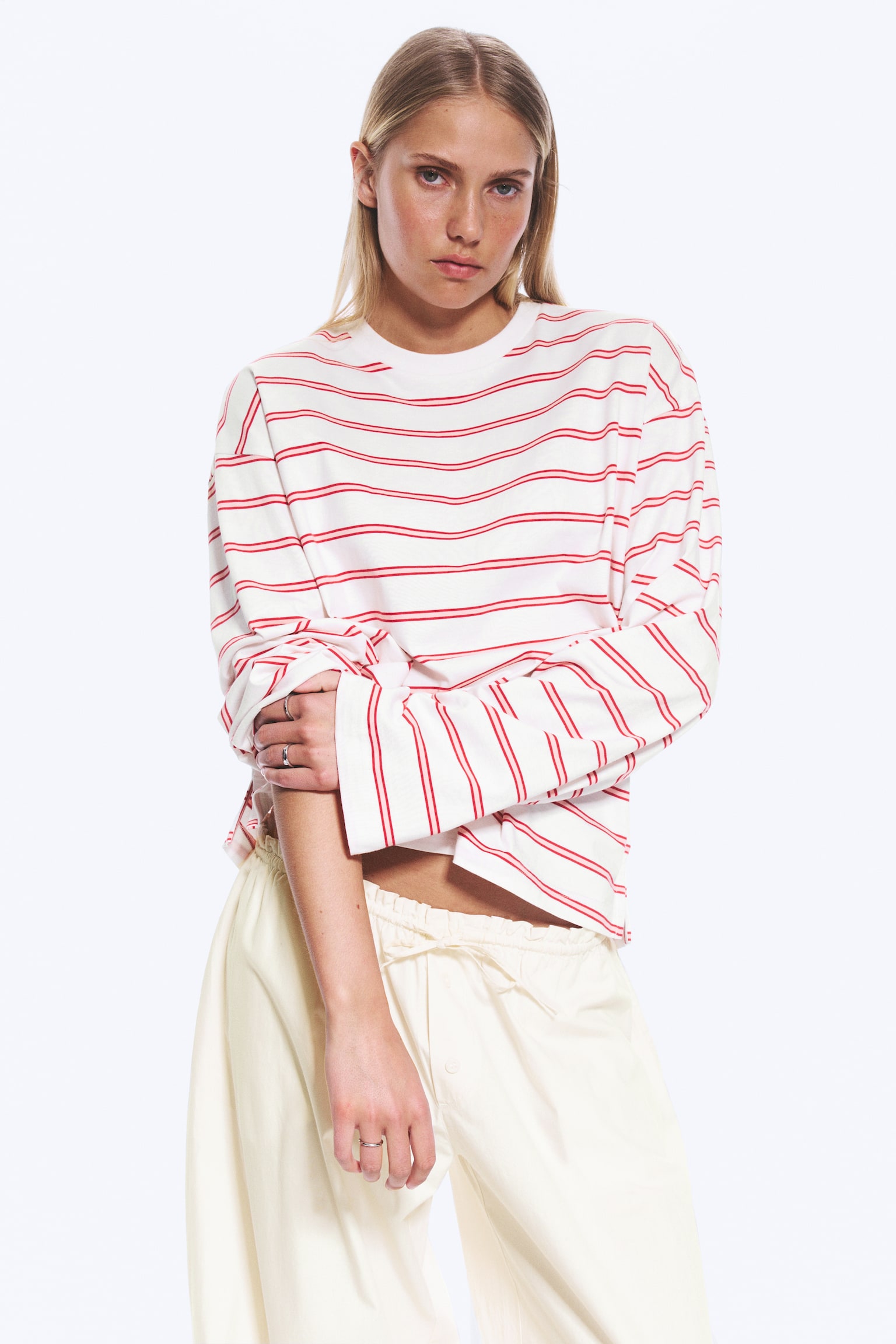 Bavlněné tričko s dlouhým rukávem - Bílá - růžové/červené pruhy/Hnědé a bílé pruhy/Prachově bílá - hnědé pruhy/Modro-hnědý pruh/Námořnická modrá/růžová pruhovaná/Koralové/fialkové pruhy - 1