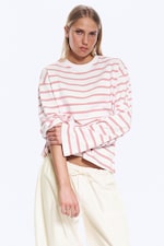 Blanc - Rayures roses/rouges - T-shirt en coton à manches longues - 0