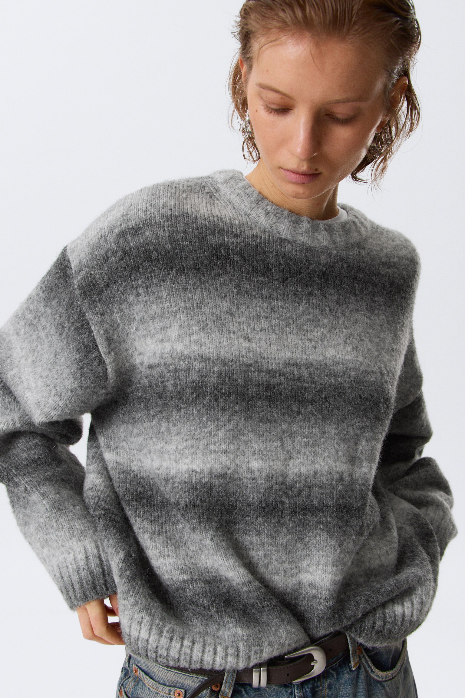 Loose Fit Space-Dyed Knitted Sweater - Grey Melange - 6