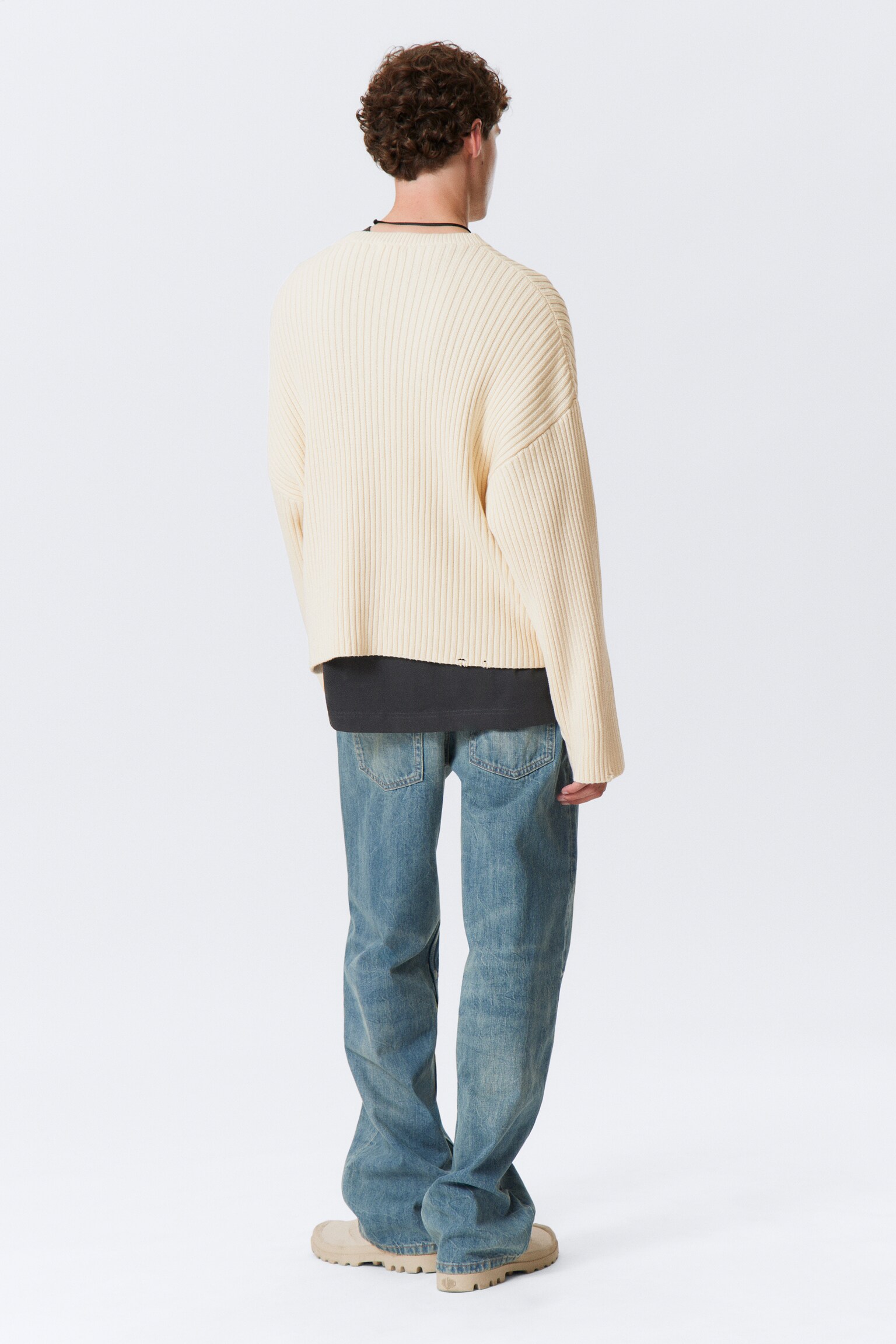 Loose Ribbed Cotton Sweater - Dusty White/Dark Mauve - 3