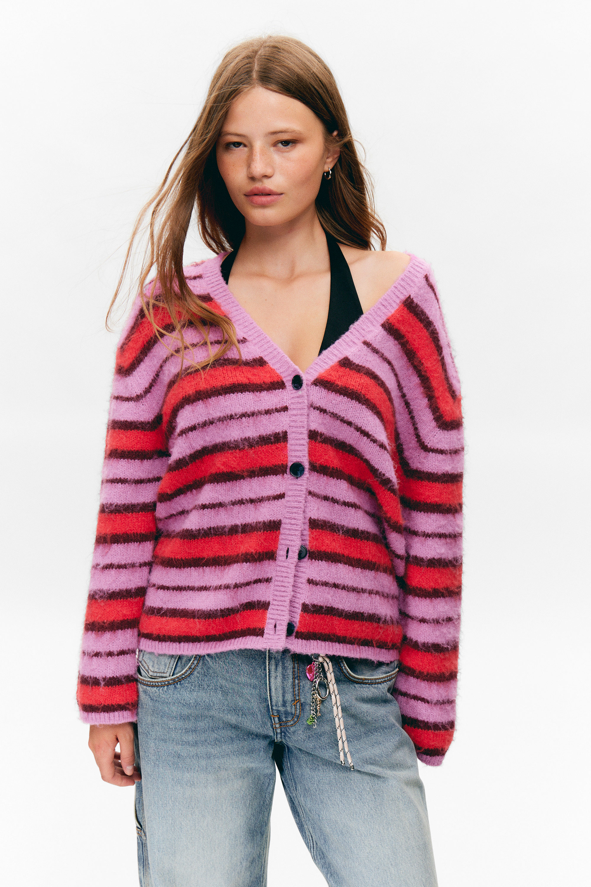 Pink & Red Stripe - Fluffy knit cardigan - 2